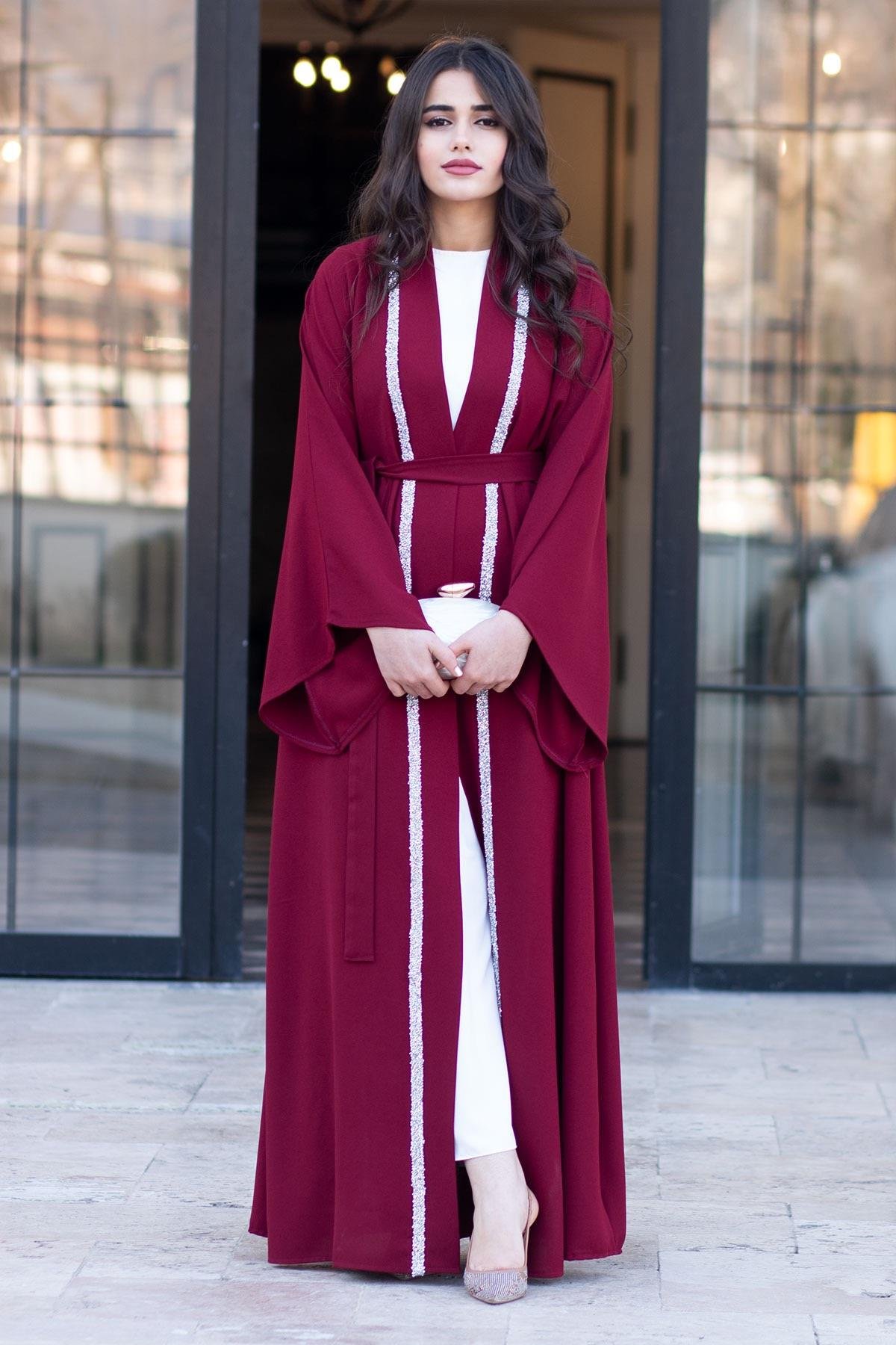 Önü Taş Şeritli Abaya-Bordo