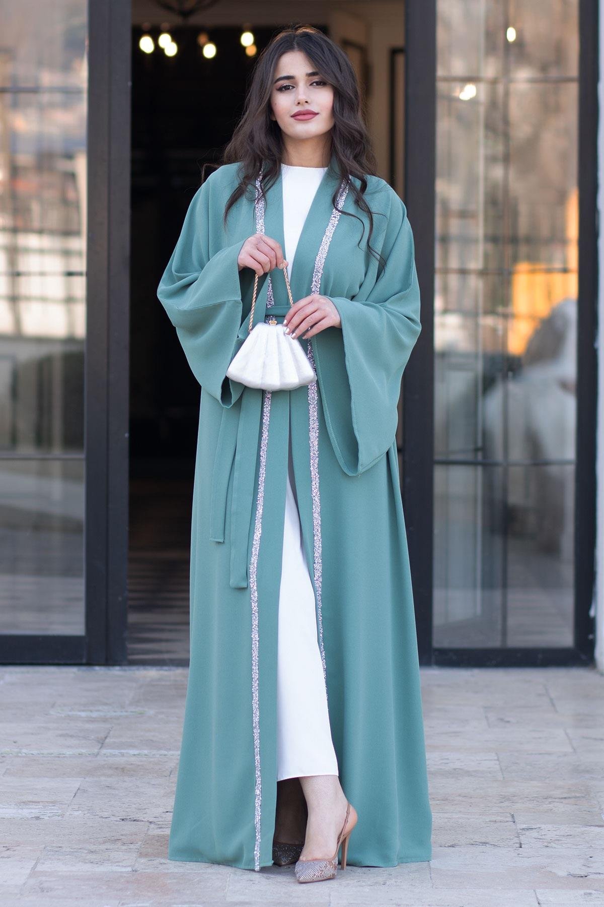 Önü Taş Şeritli Abaya-Mint