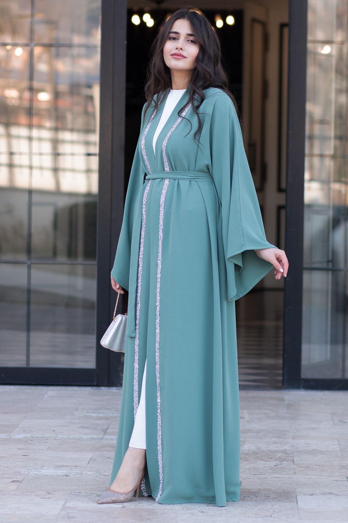 Önü Taş Şeritli Abaya-Mint