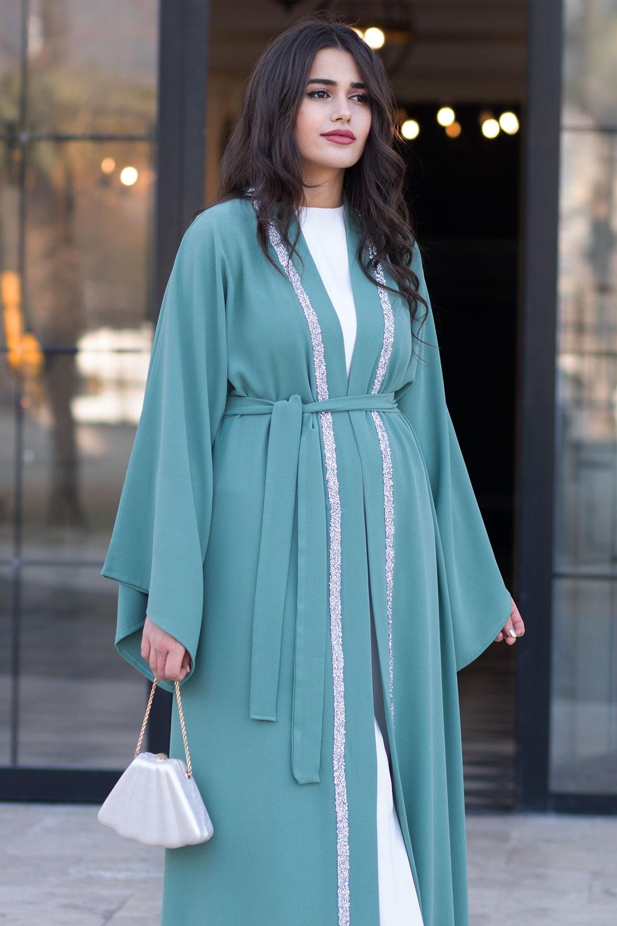Önü Taş Şeritli Abaya-Mint