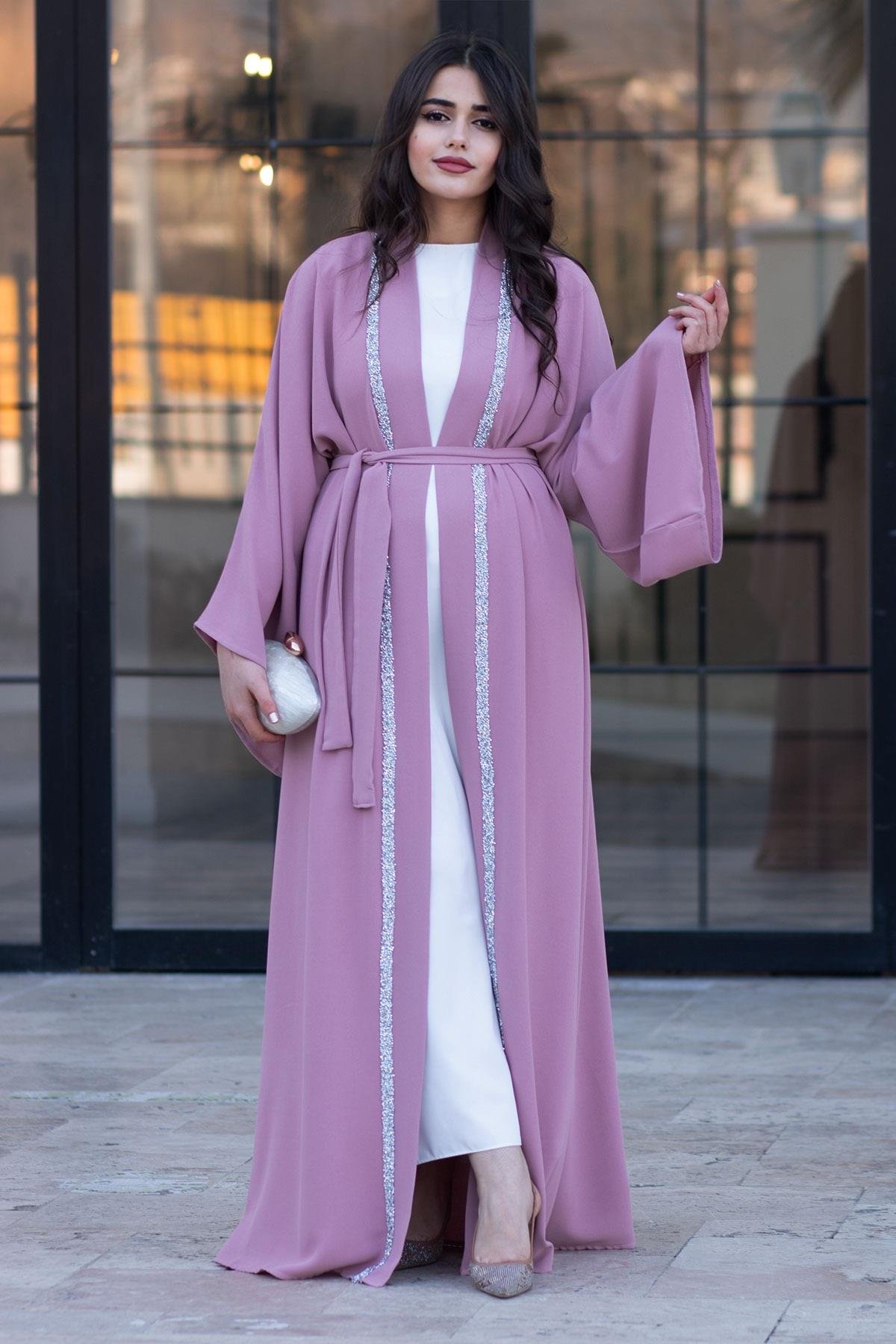 Önü Taş Şeritli Abaya-Pembe