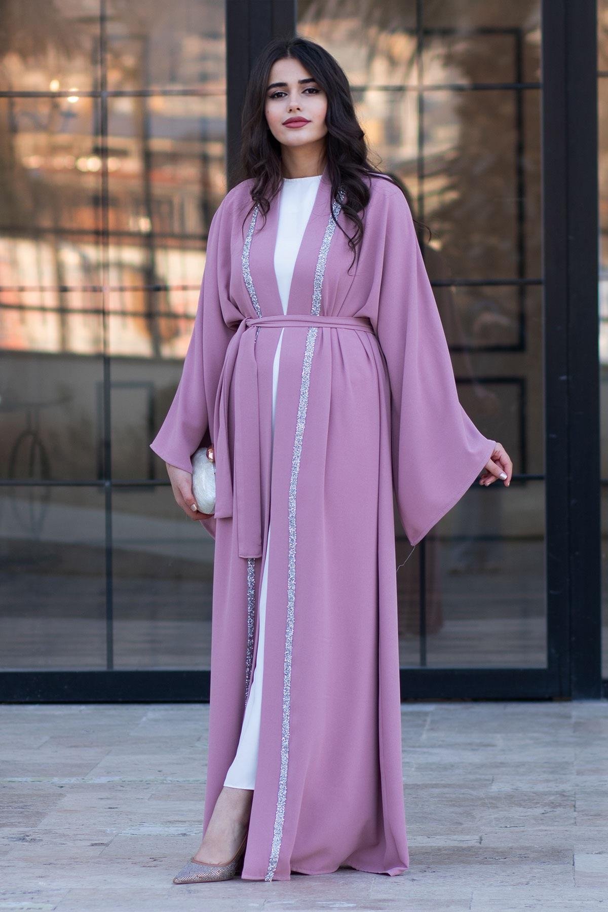 Önü Taş Şeritli Abaya-Pembe
