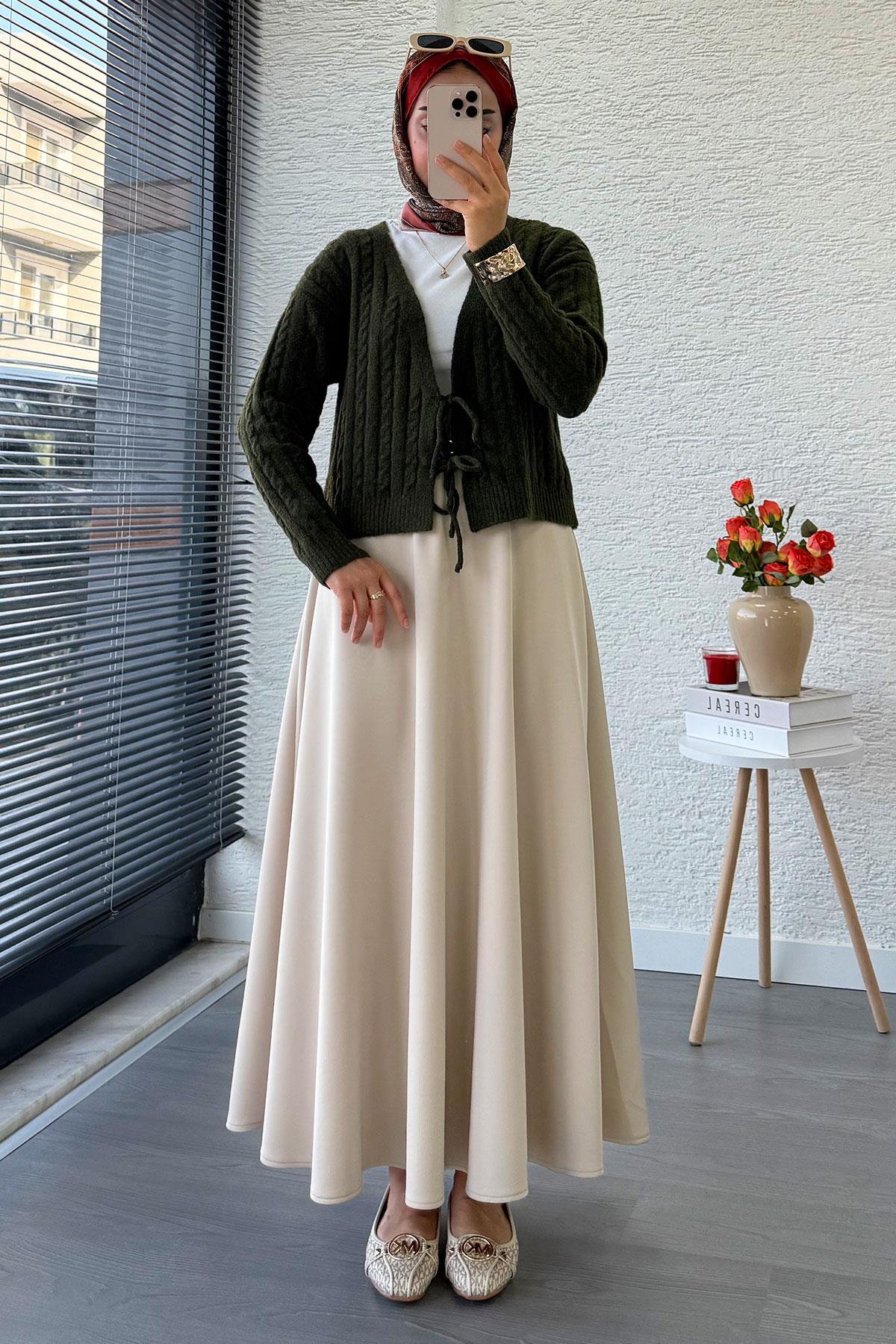 Örgü Desenli Önden Bağlamalı Kısa Triko Kimono – Haki