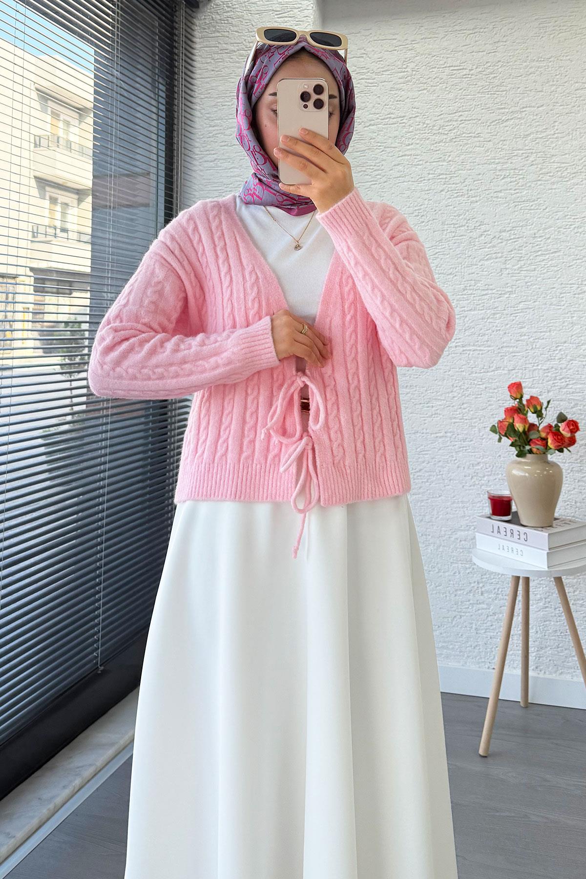 Örgü Desenli Önden Bağlamalı Kısa Triko Kimono – Pembe