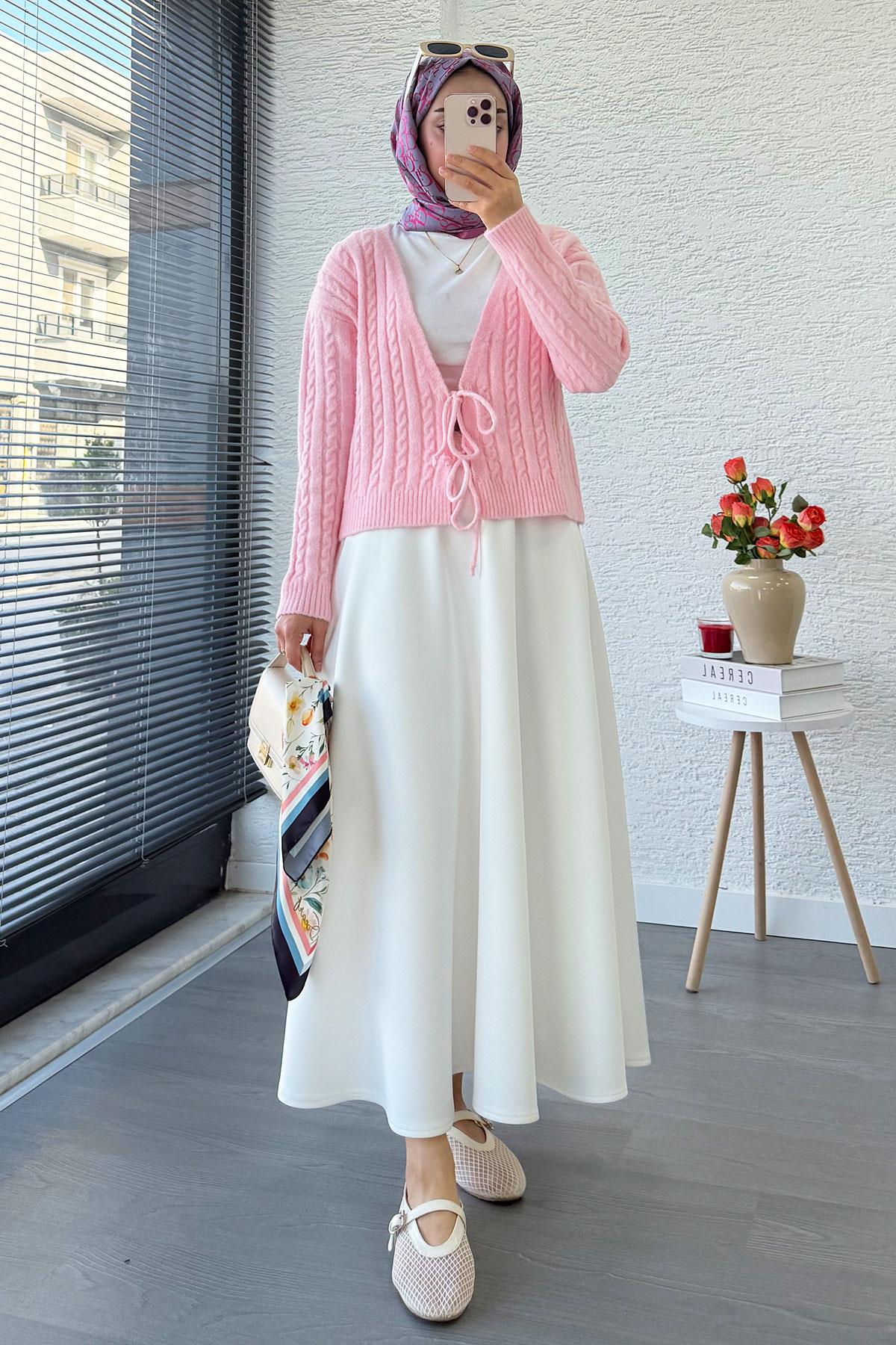 Örgü Desenli Önden Bağlamalı Kısa Triko Kimono – Pembe