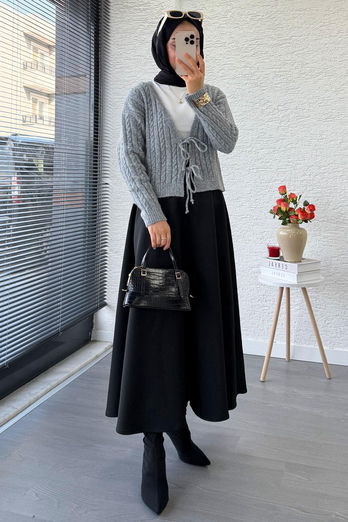 Örgü Desenli Önden Bağlamalı Kısa Triko Kimono – Gri