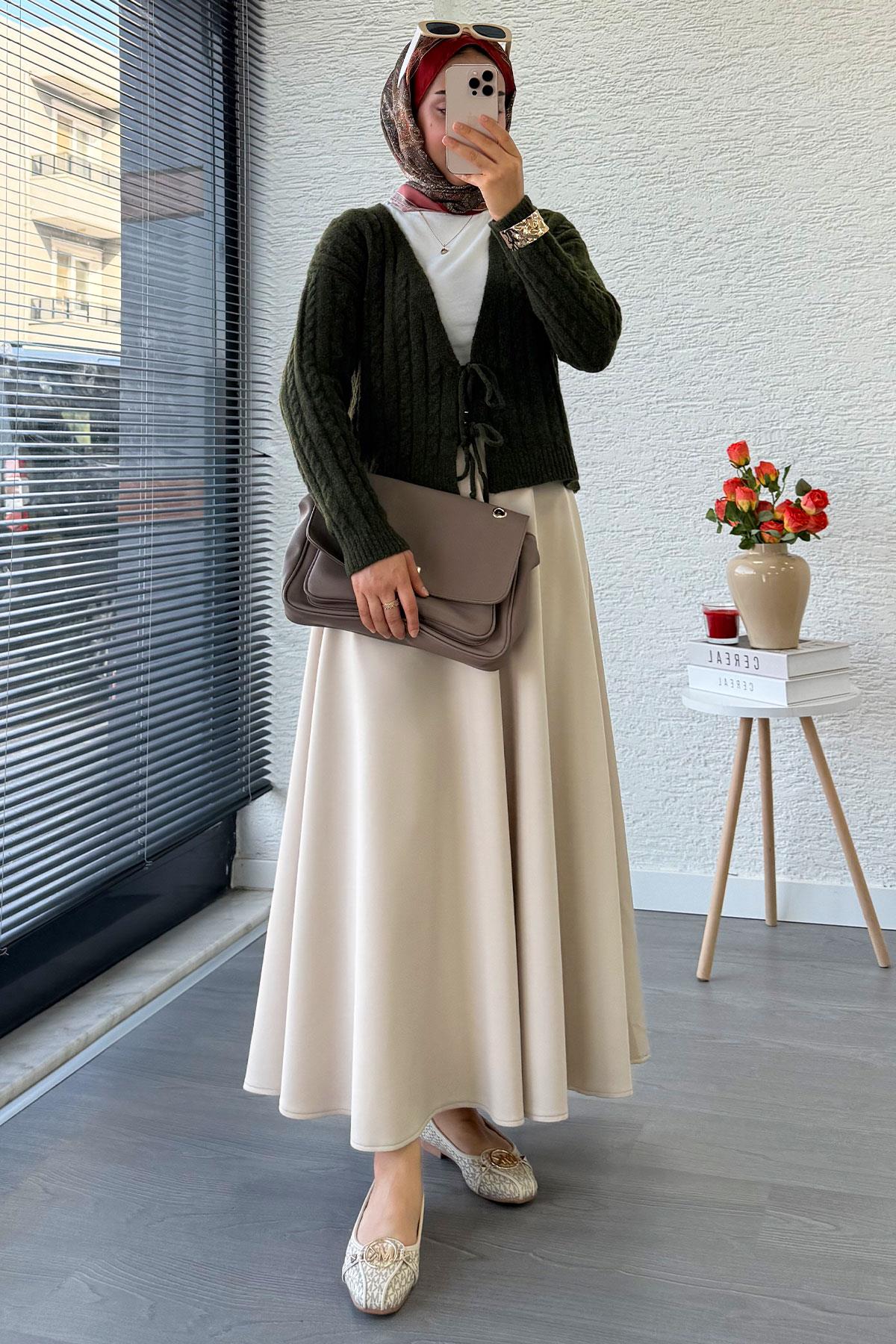 Örgü Desenli Önden Bağlamalı Kısa Triko Kimono – Haki