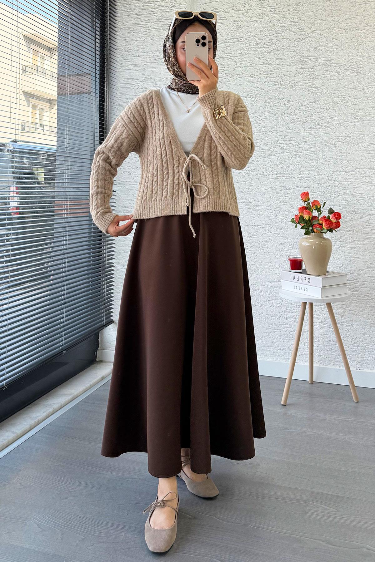 Örgü Desenli Önden Bağlamalı Kısa Triko Kimono – Vizon