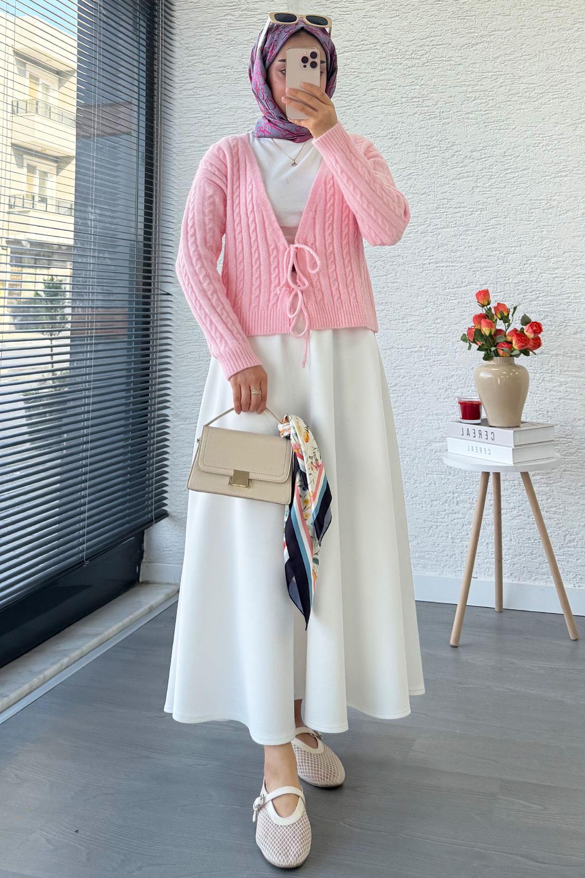 Örgü Desenli Önden Bağlamalı Kısa Triko Kimono – Pembe