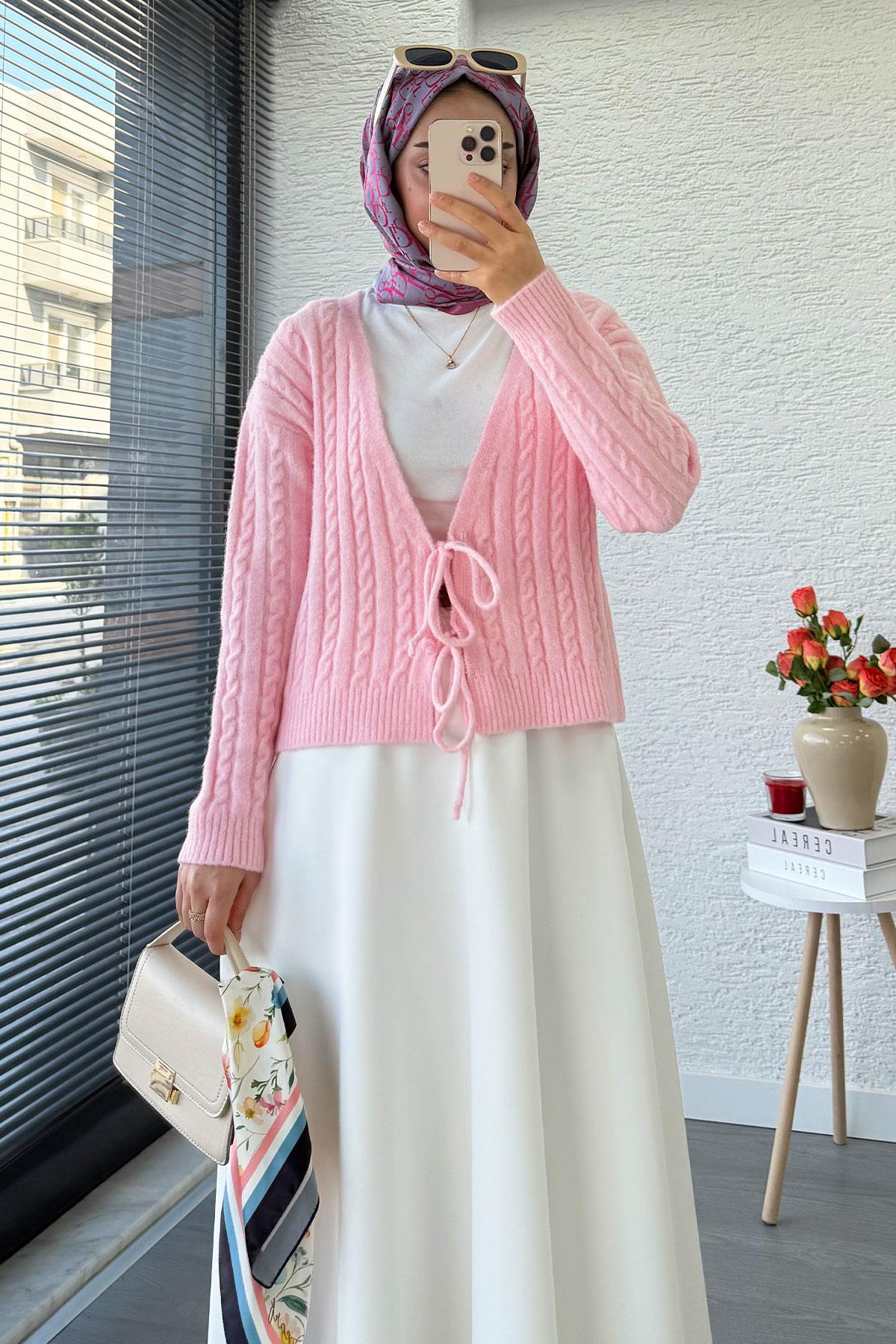 Örgü Desenli Önden Bağlamalı Kısa Triko Kimono – Pembe