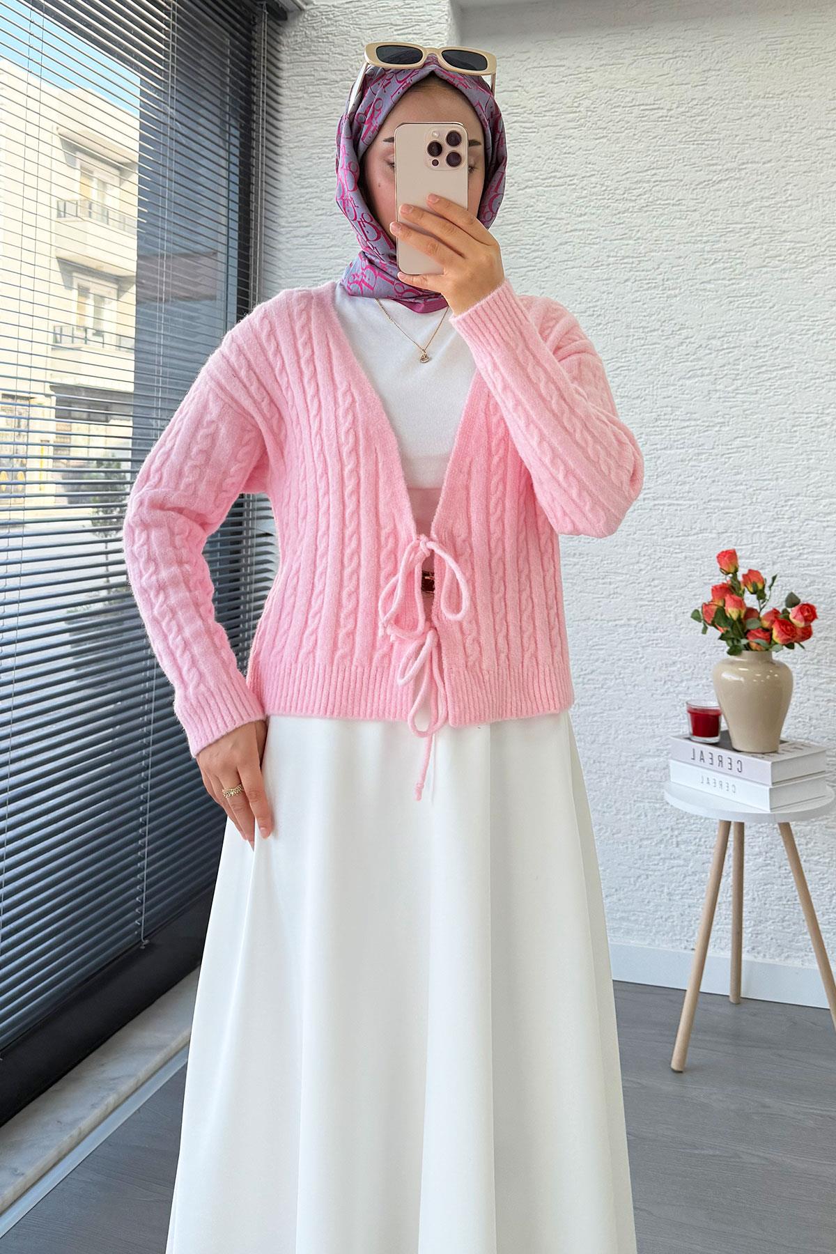 Örgü Desenli Önden Bağlamalı Kısa Triko Kimono – Pembe