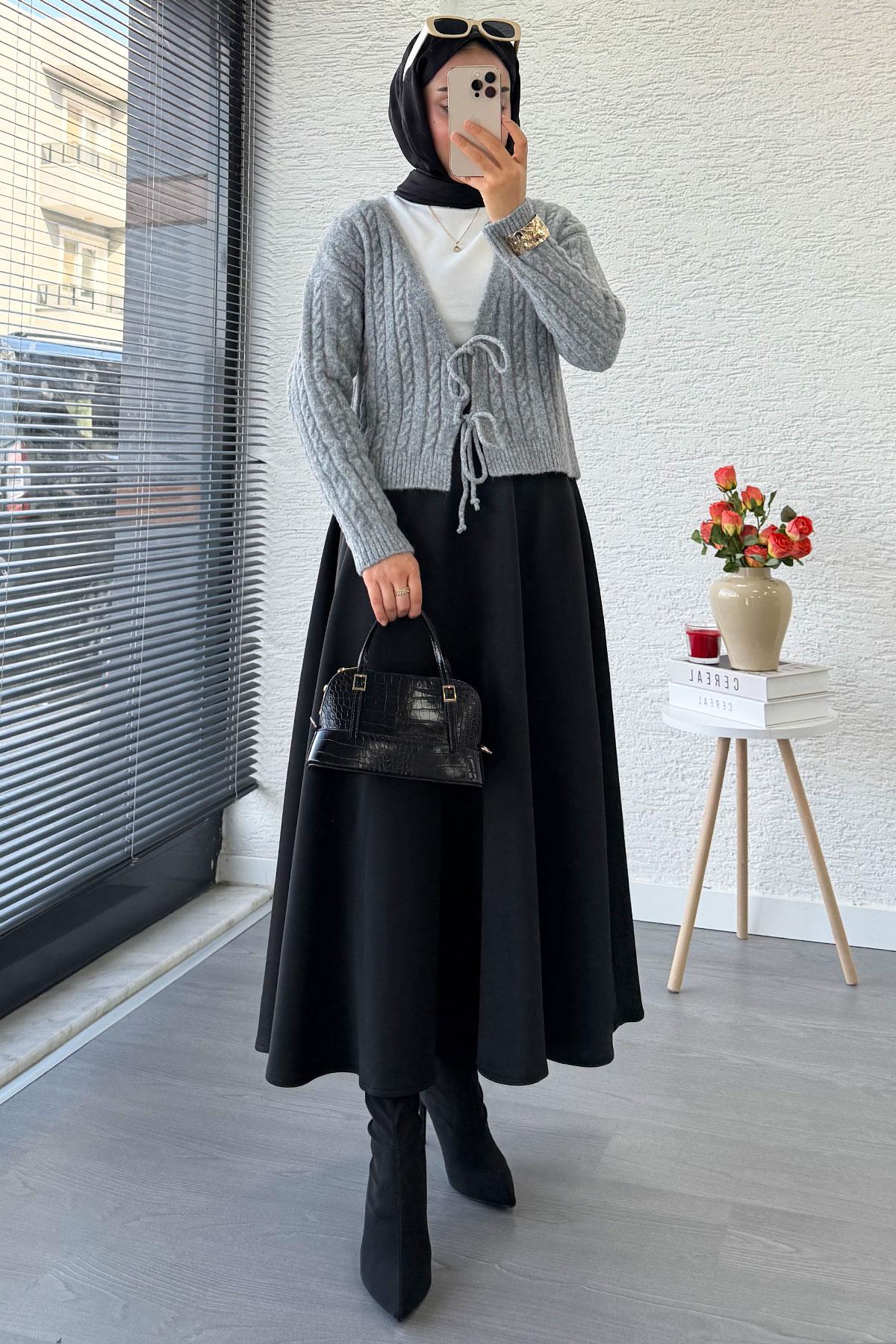 Örgü Desenli Önden Bağlamalı Kısa Triko Kimono – Gri