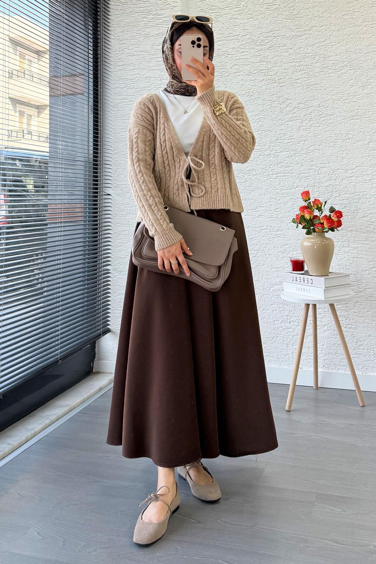 Örgü Desenli Önden Bağlamalı Kısa Triko Kimono – Vizon