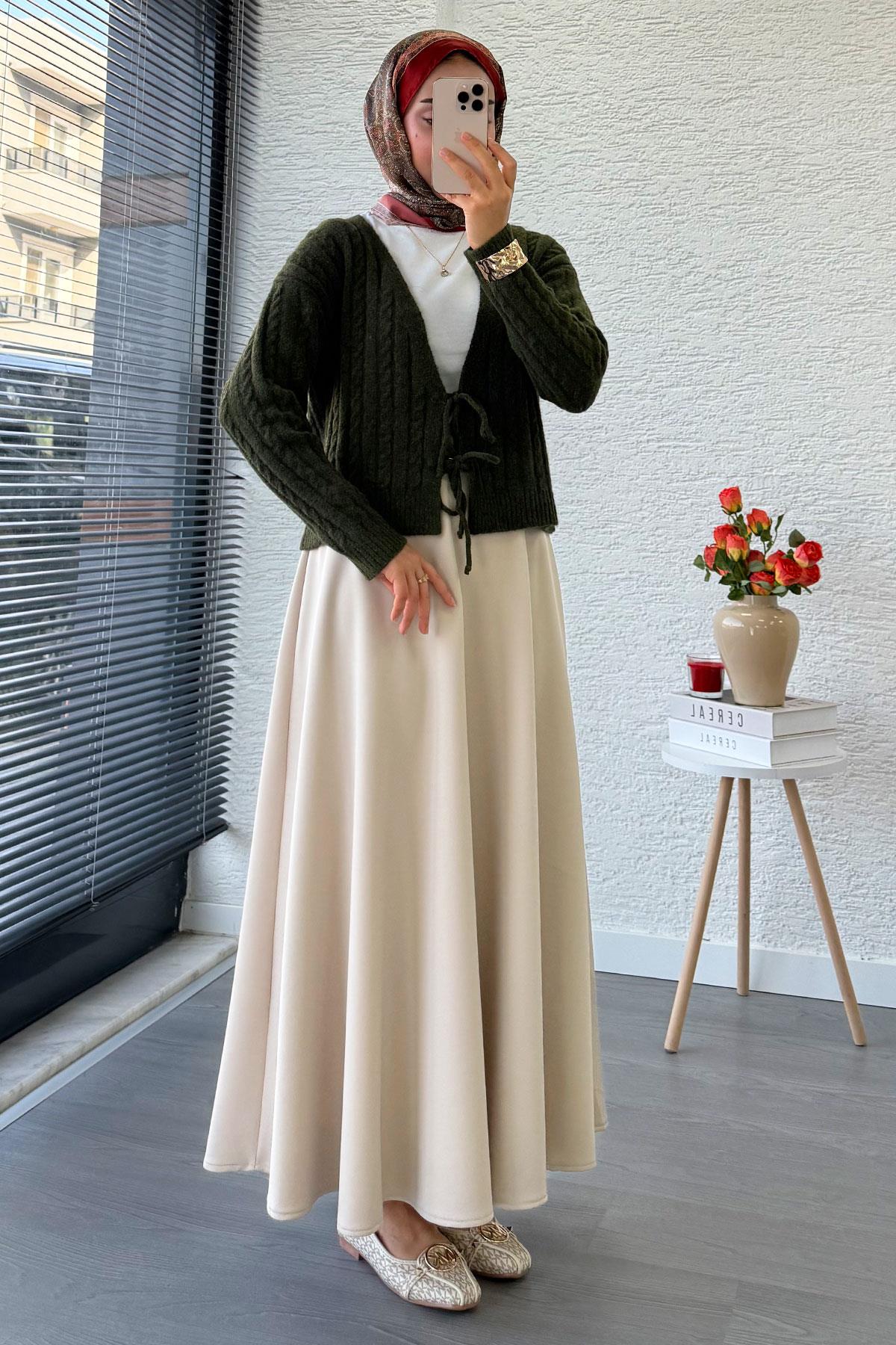 Örgü Desenli Önden Bağlamalı Kısa Triko Kimono – Haki