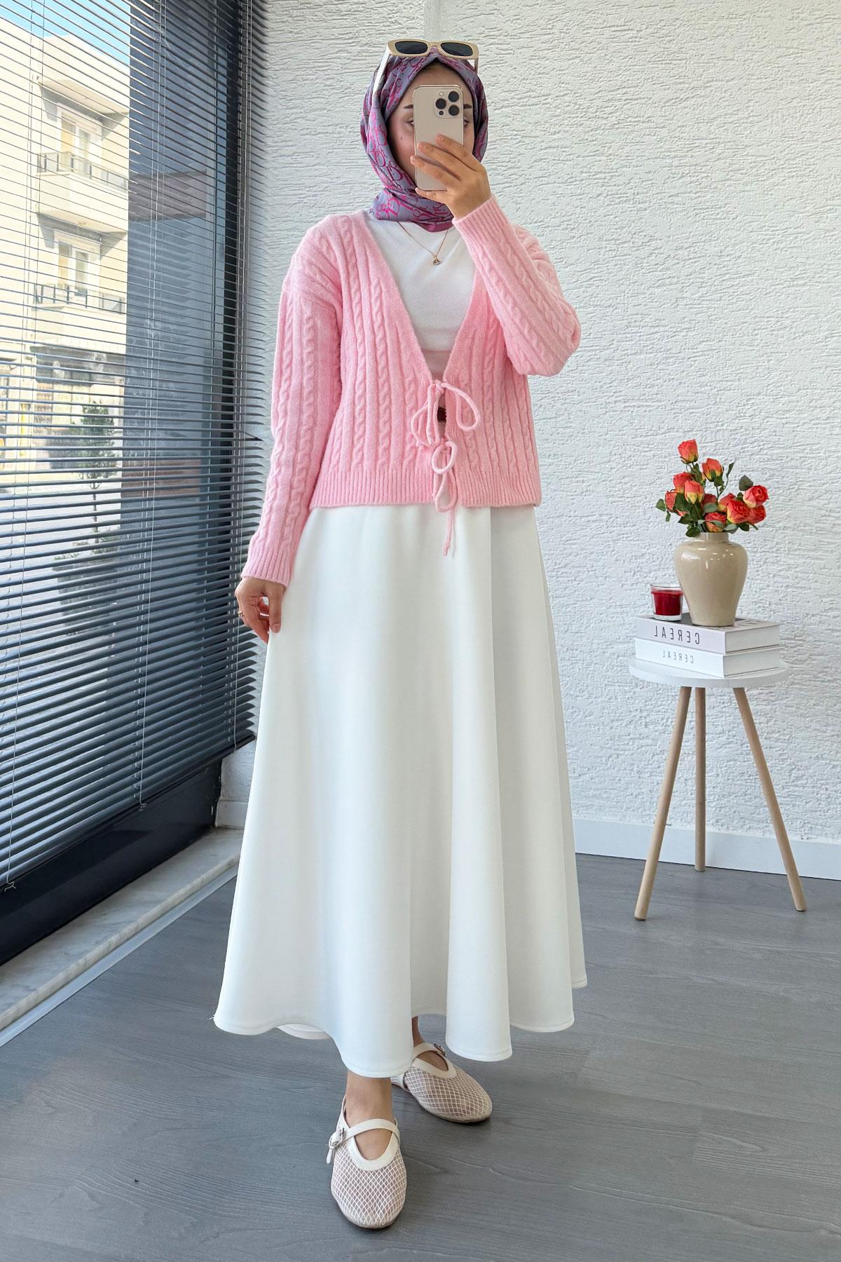 Örgü Desenli Önden Bağlamalı Kısa Triko Kimono – Pembe