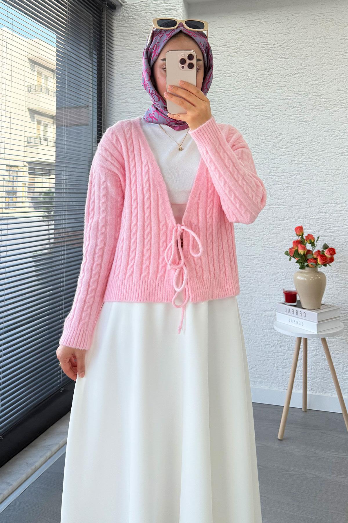 Örgü Desenli Önden Bağlamalı Kısa Triko Kimono – Pembe