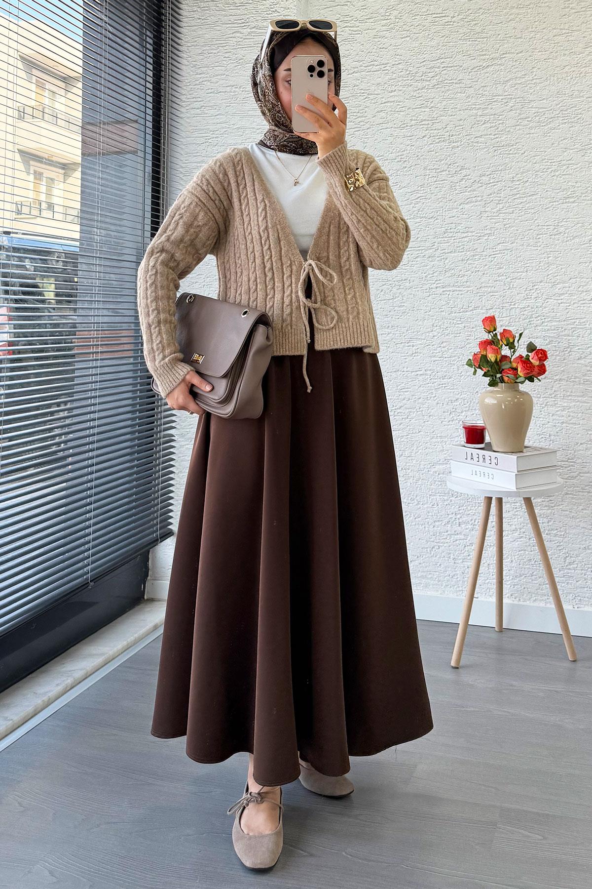 Örgü Desenli Önden Bağlamalı Kısa Triko Kimono – Vizon