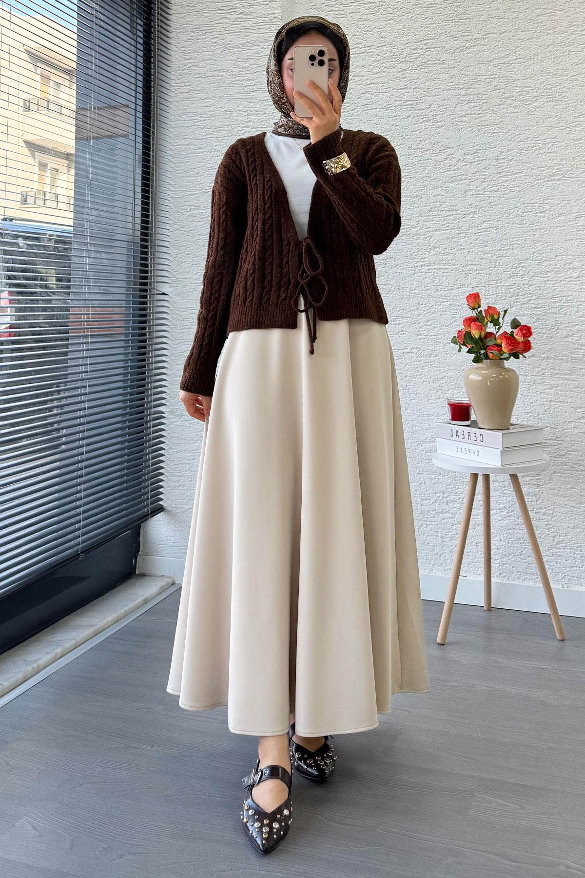 Örgü Desenli Önden Bağlamalı Kısa Triko Kimono – Kahverengi