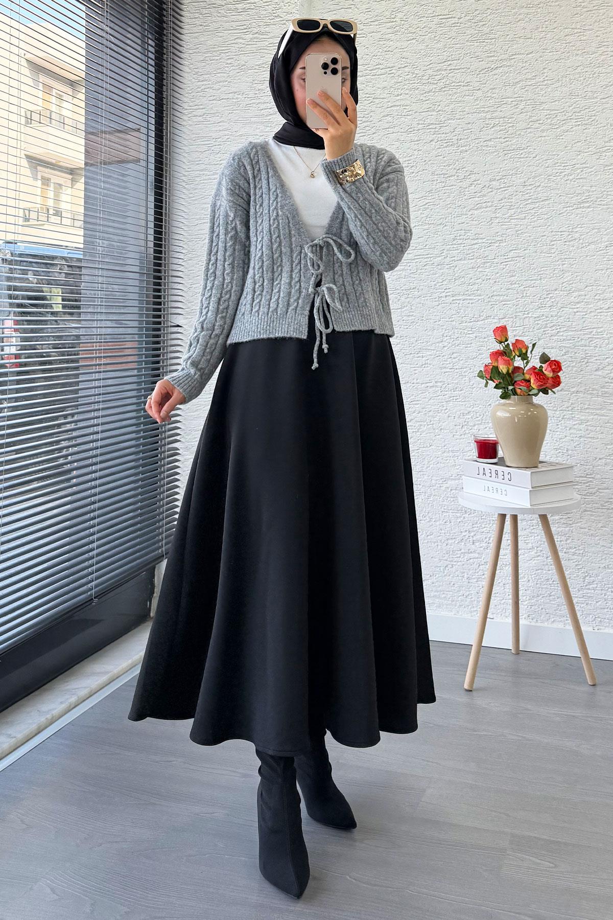 Örgü Desenli Önden Bağlamalı Kısa Triko Kimono – Gri