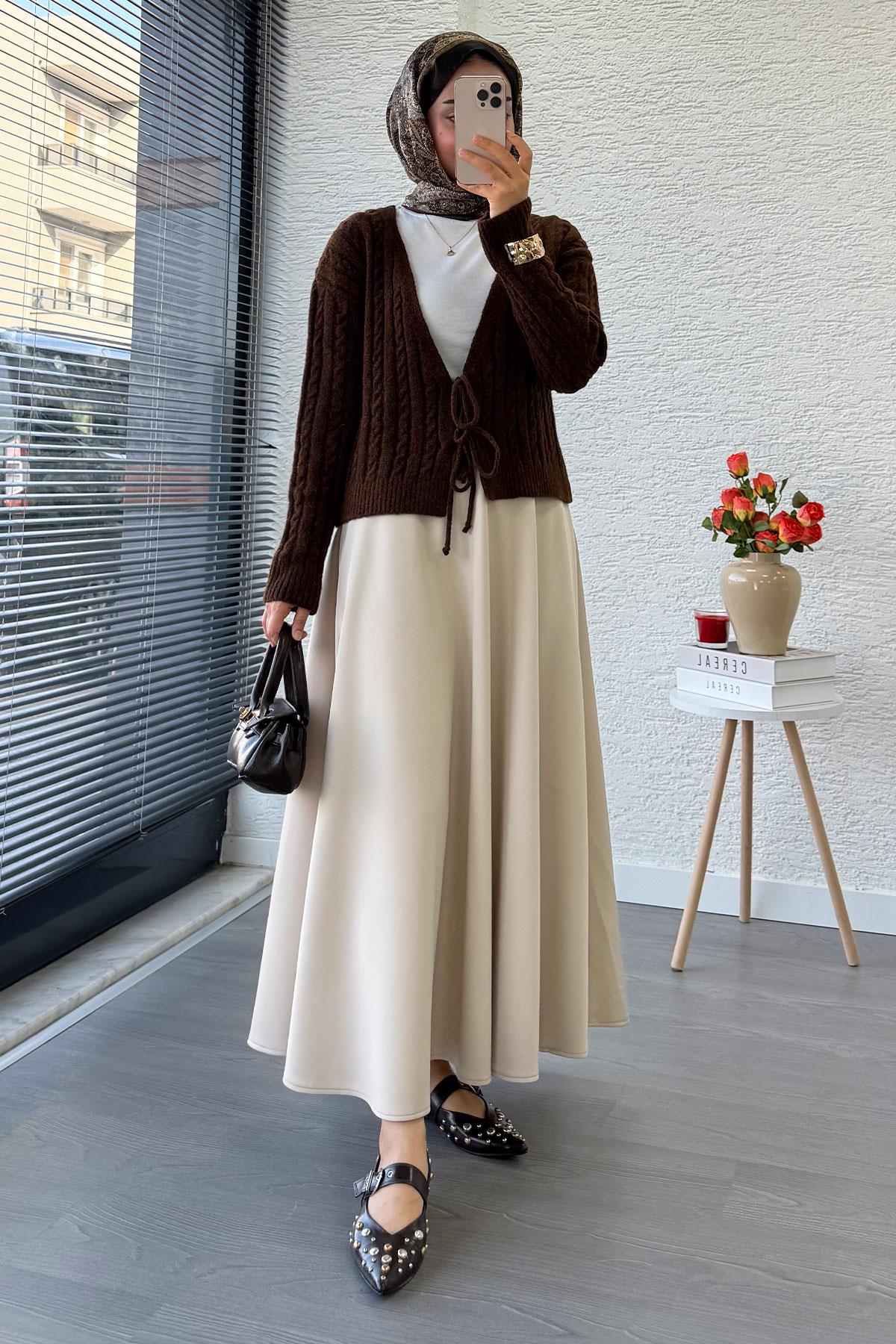 Örgü Desenli Önden Bağlamalı Kısa Triko Kimono – Kahverengi