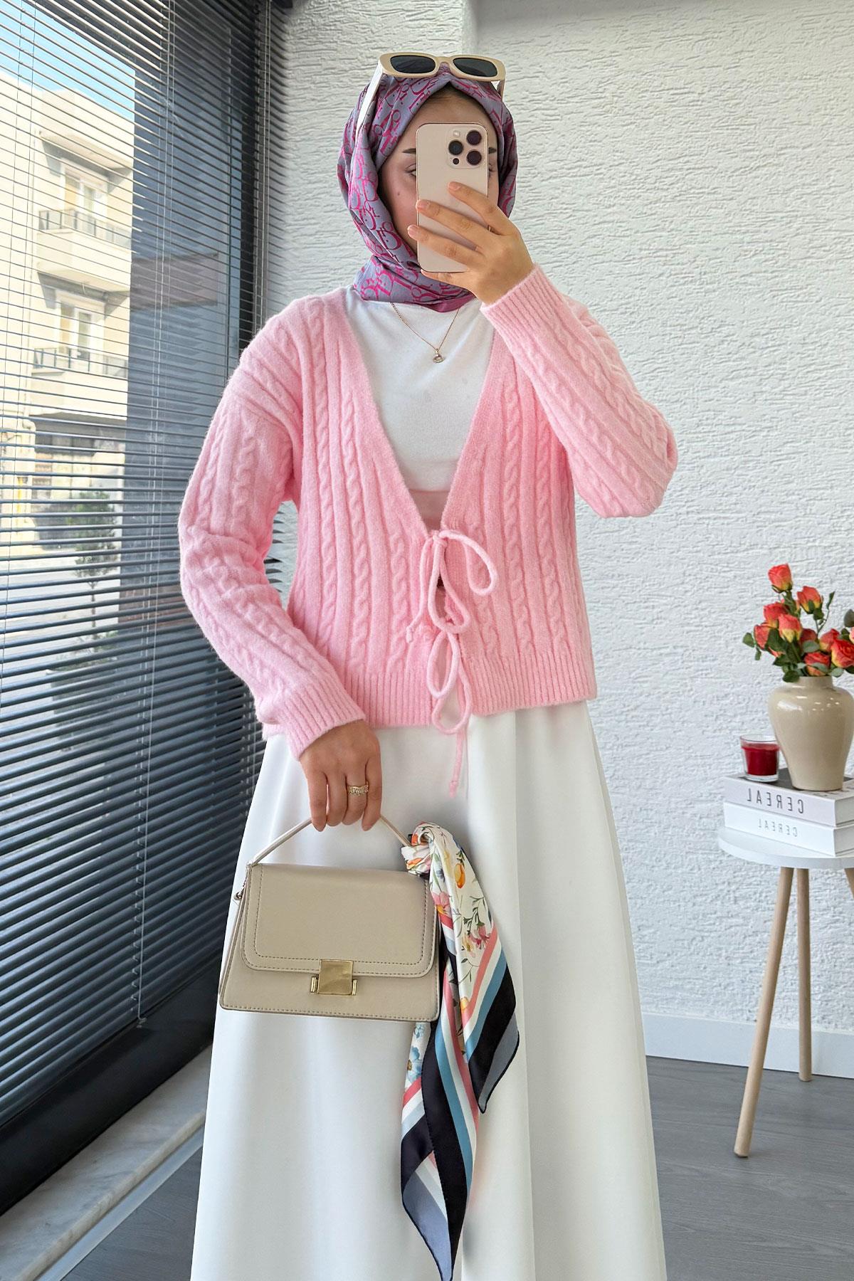 Örgü Desenli Önden Bağlamalı Kısa Triko Kimono – Pembe