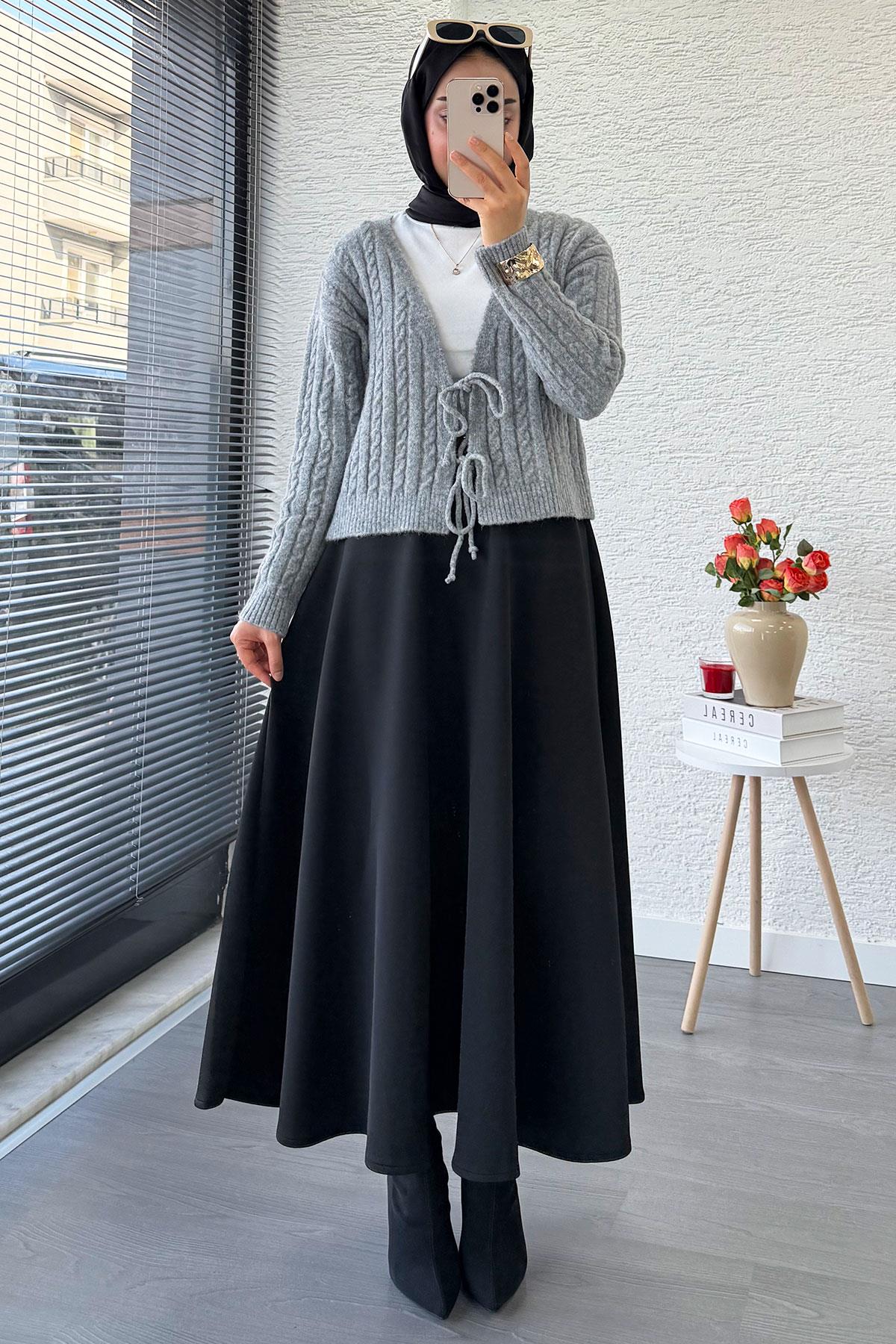 Örgü Desenli Önden Bağlamalı Kısa Triko Kimono – Gri