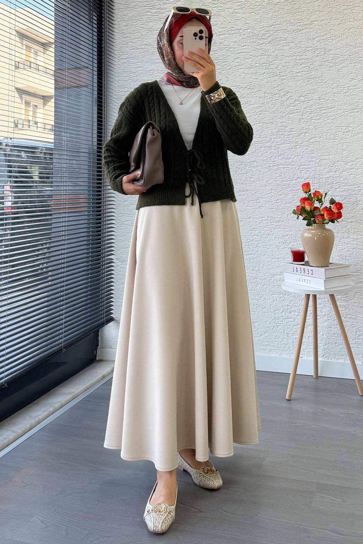 Örgü Desenli Önden Bağlamalı Kısa Triko Kimono – Haki