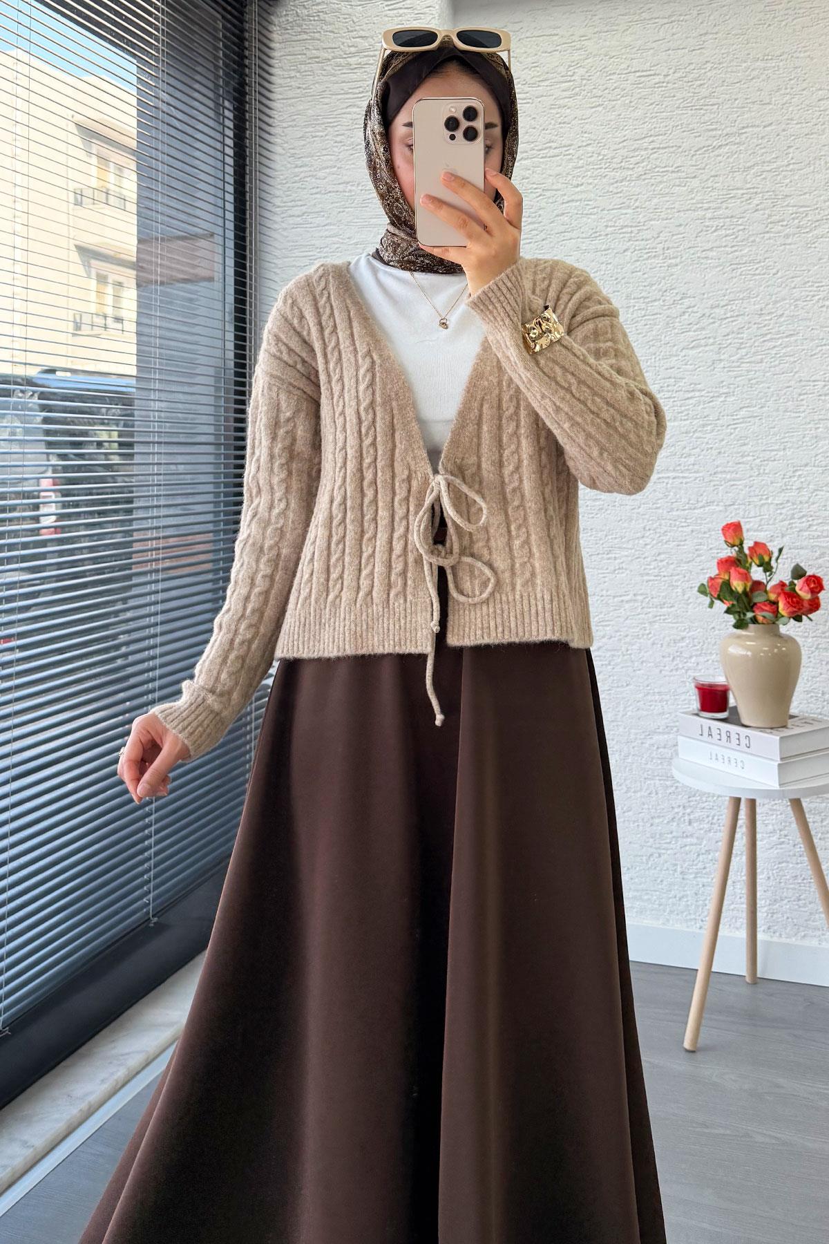 Örgü Desenli Önden Bağlamalı Kısa Triko Kimono – Vizon