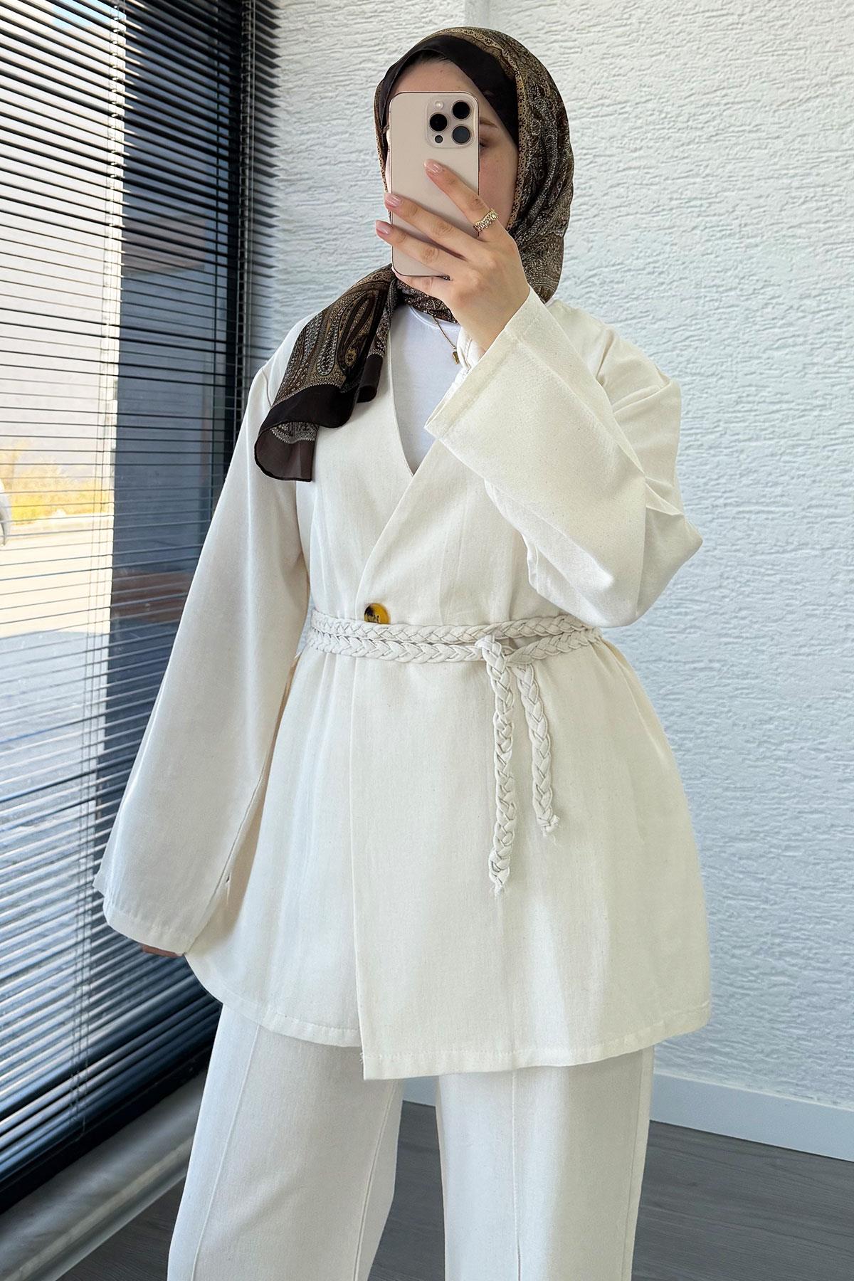 Örgü Kemerli Keten Kimono Takım - Ekru