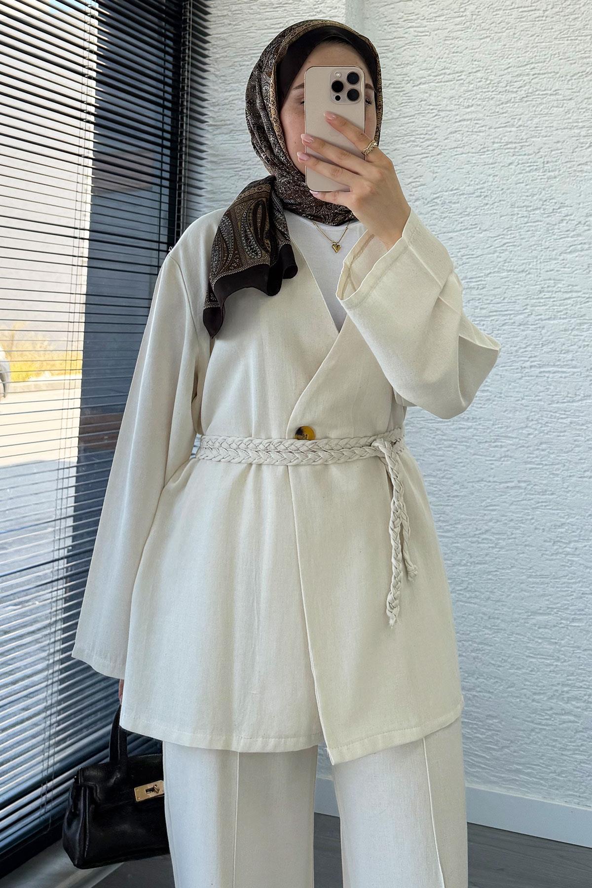 Örgü Kemerli Keten Kimono Takım - Ekru