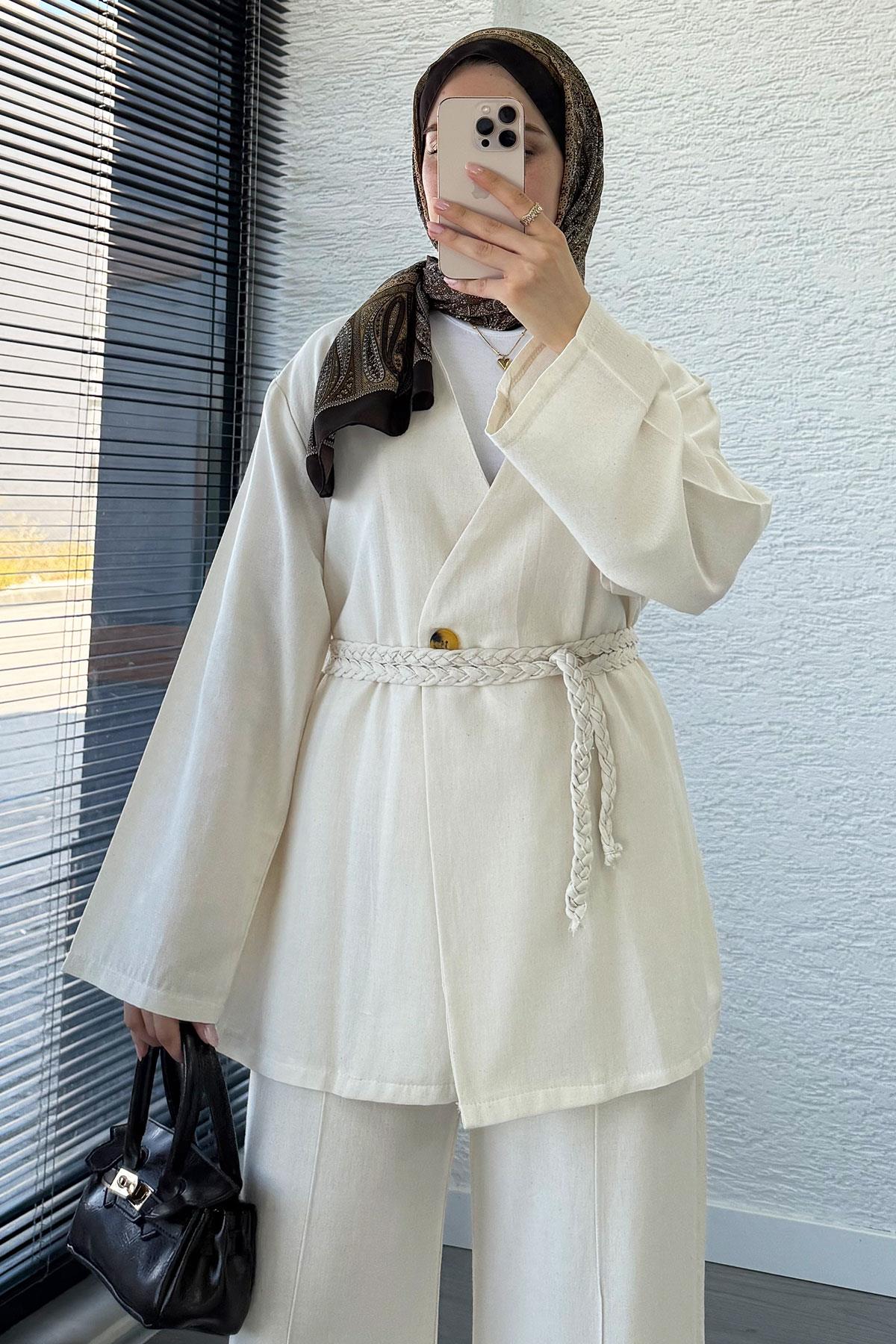 Örgü Kemerli Keten Kimono Takım - Ekru