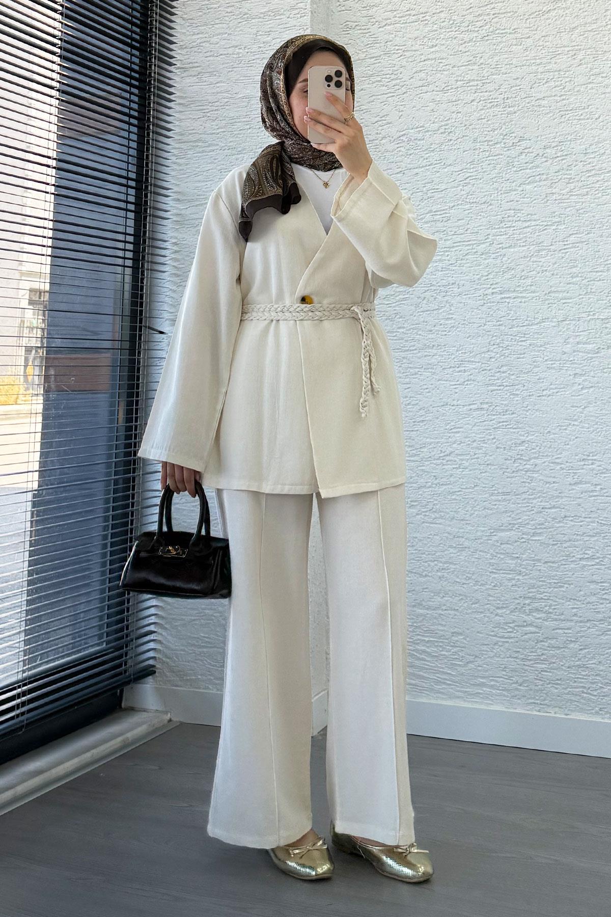 Örgü Kemerli Keten Kimono Takım - Ekru