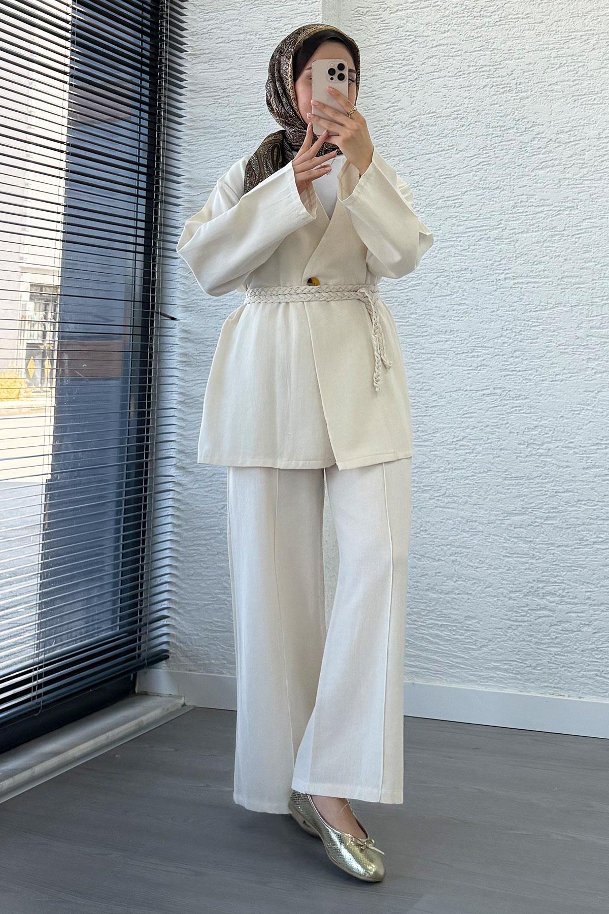 Örgü Kemerli Keten Kimono Takım - Ekru