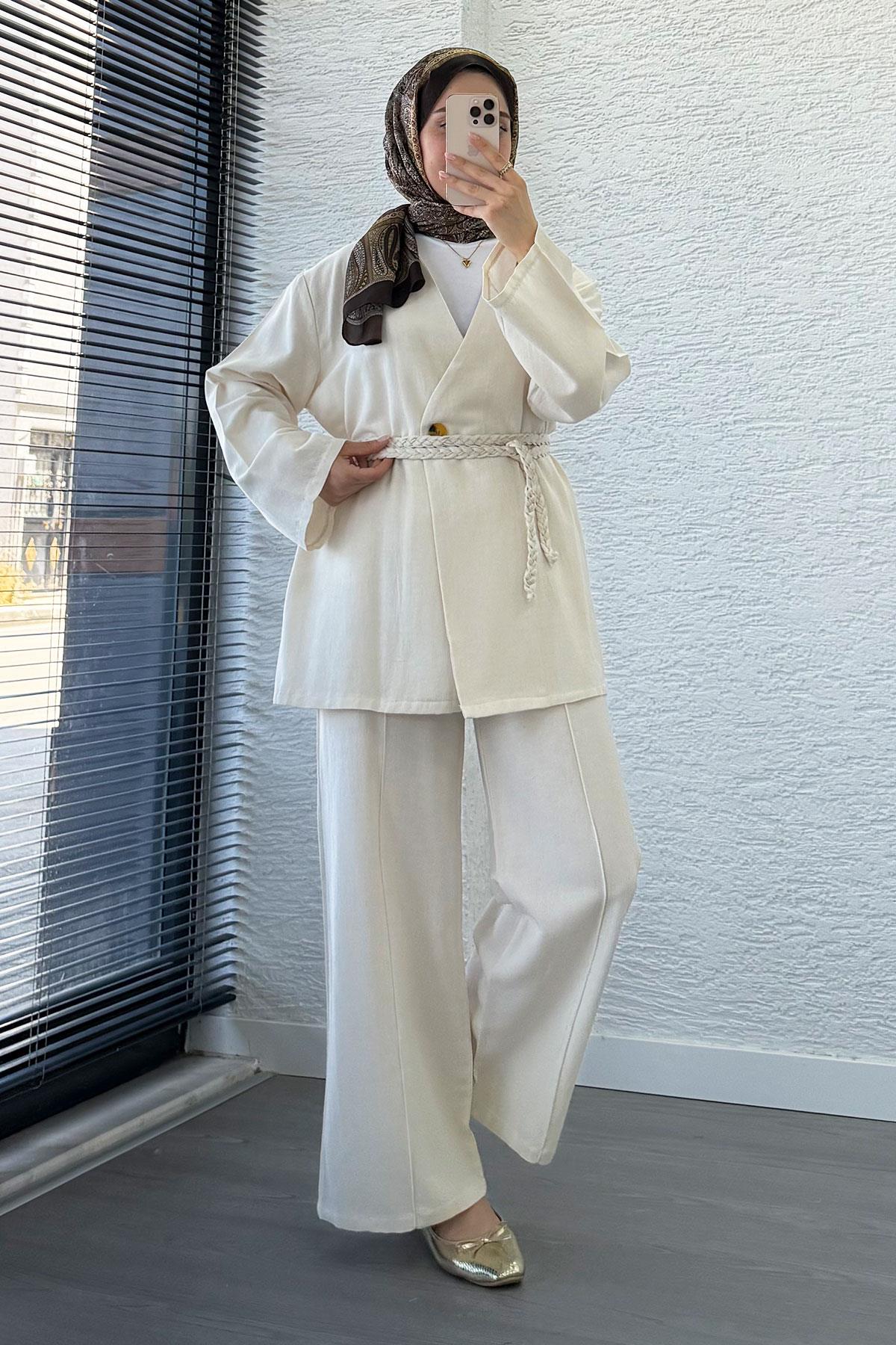 Örgü Kemerli Keten Kimono Takım - Ekru