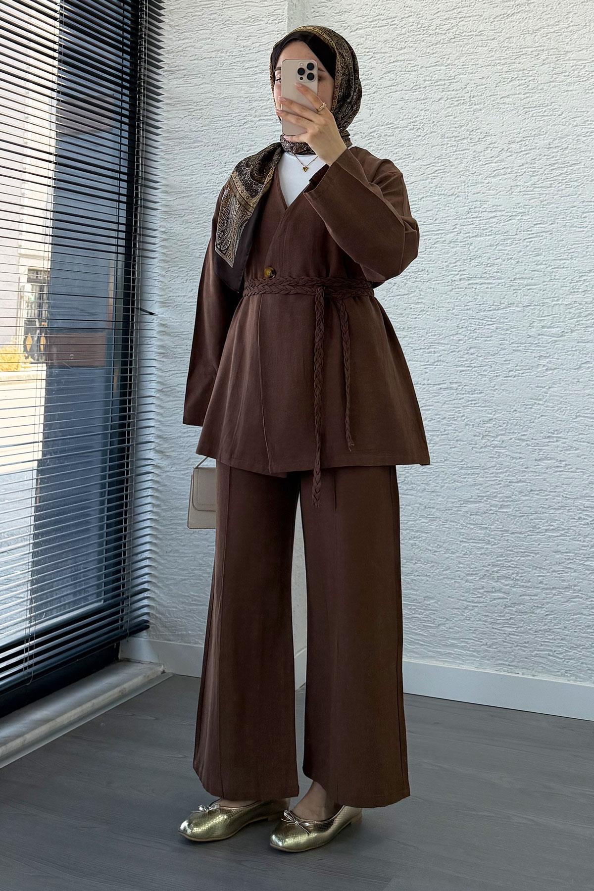 Örgü Kemerli Keten Kimono Takım - Kahverengi