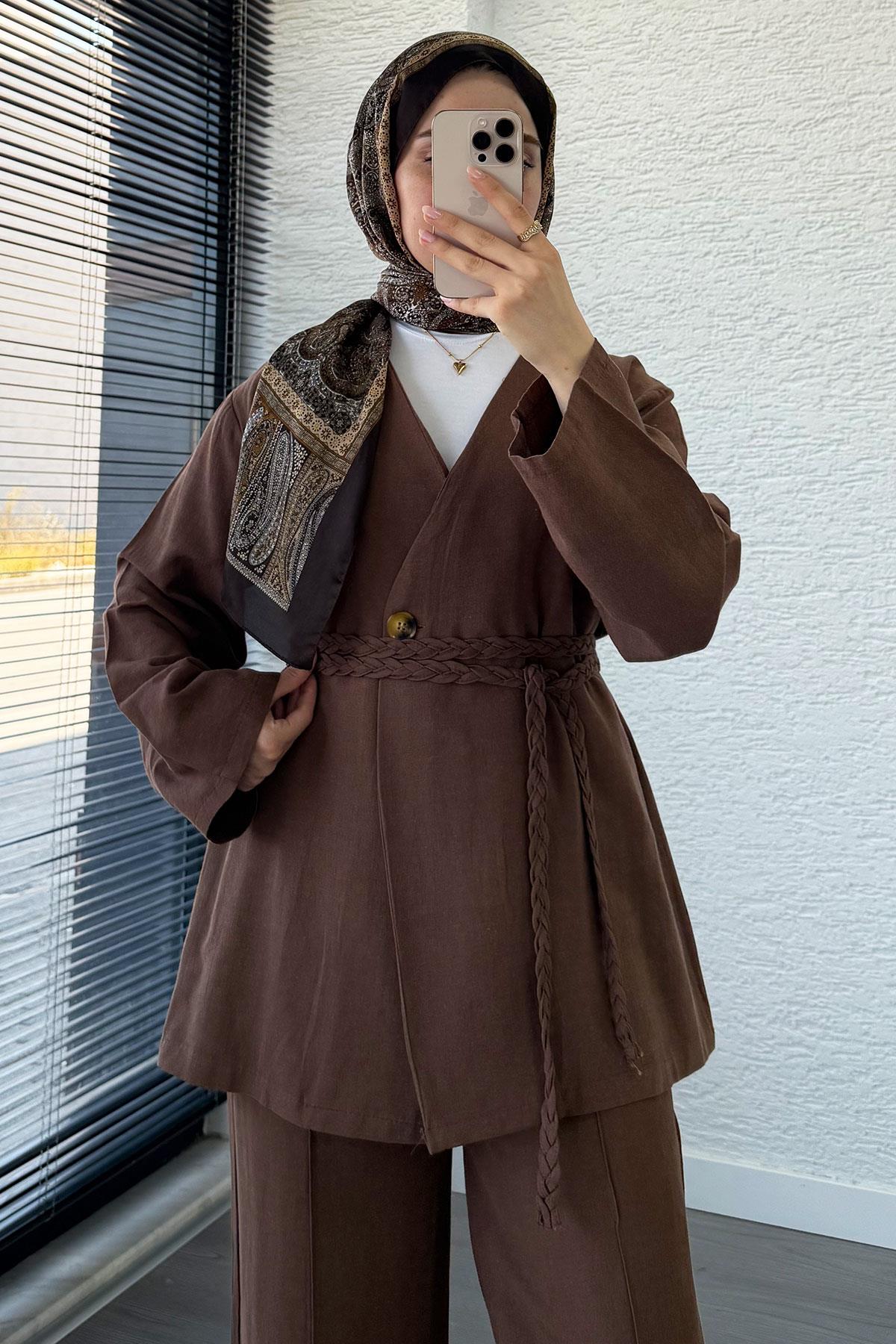 Örgü Kemerli Keten Kimono Takım - Kahverengi