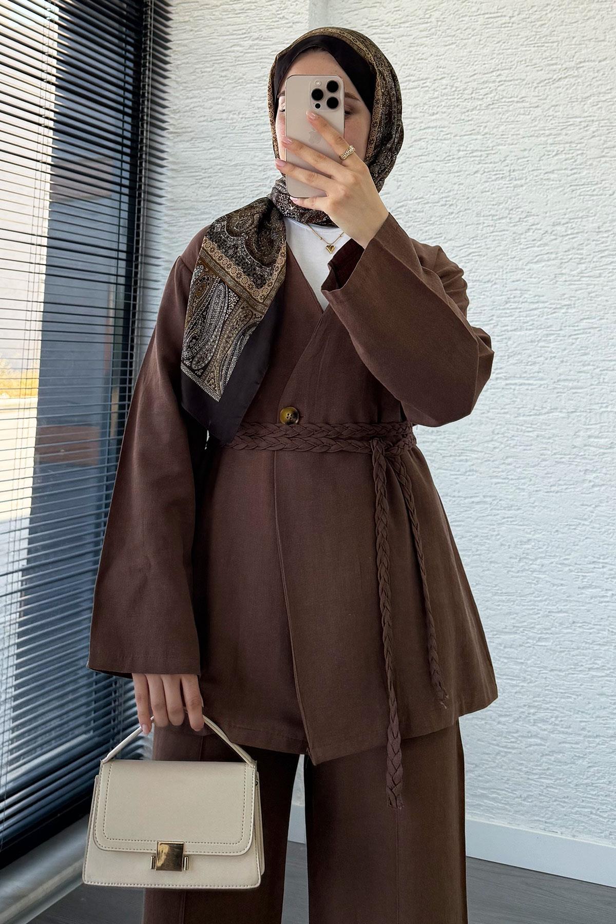 Örgü Kemerli Keten Kimono Takım - Kahverengi
