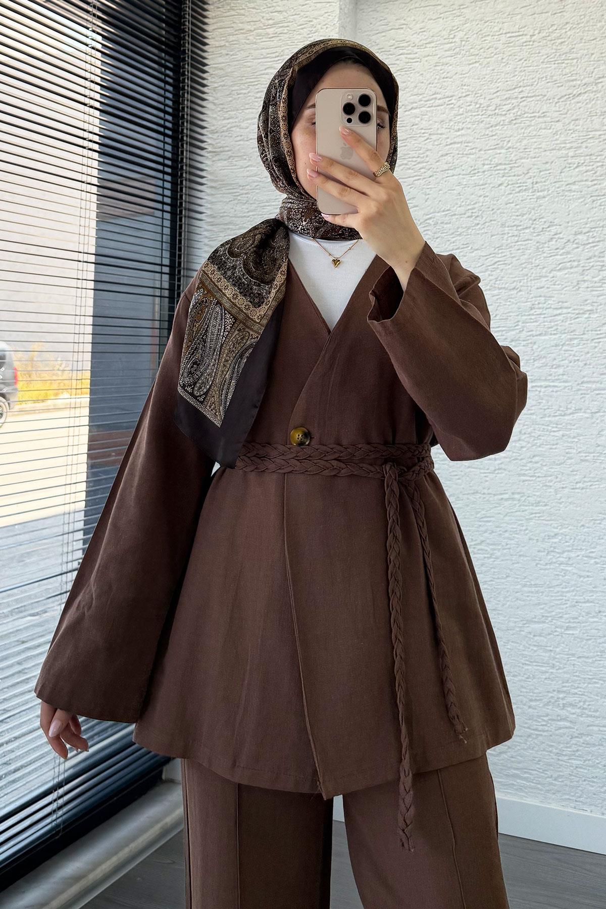 Örgü Kemerli Keten Kimono Takım - Kahverengi