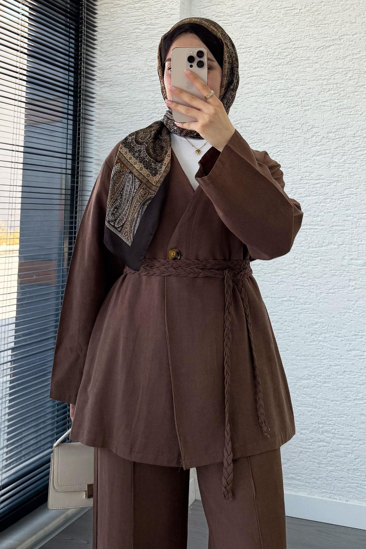 Örgü Kemerli Keten Kimono Takım - Kahverengi