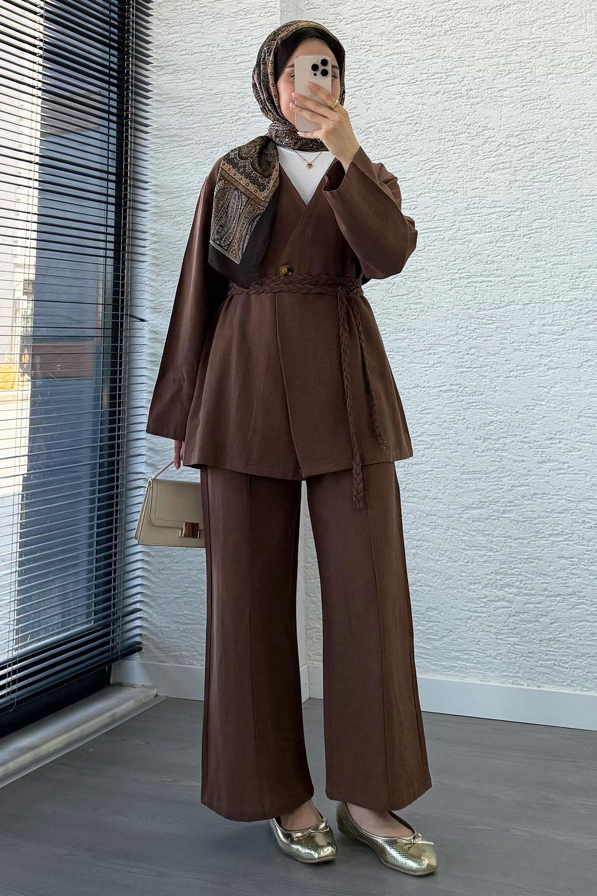 Örgü Kemerli Keten Kimono Takım - Kahverengi