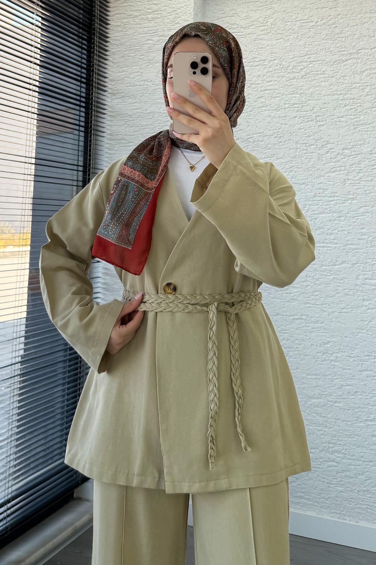 Örgü Kemerli Keten Kimono Takım - Küf Yeşili