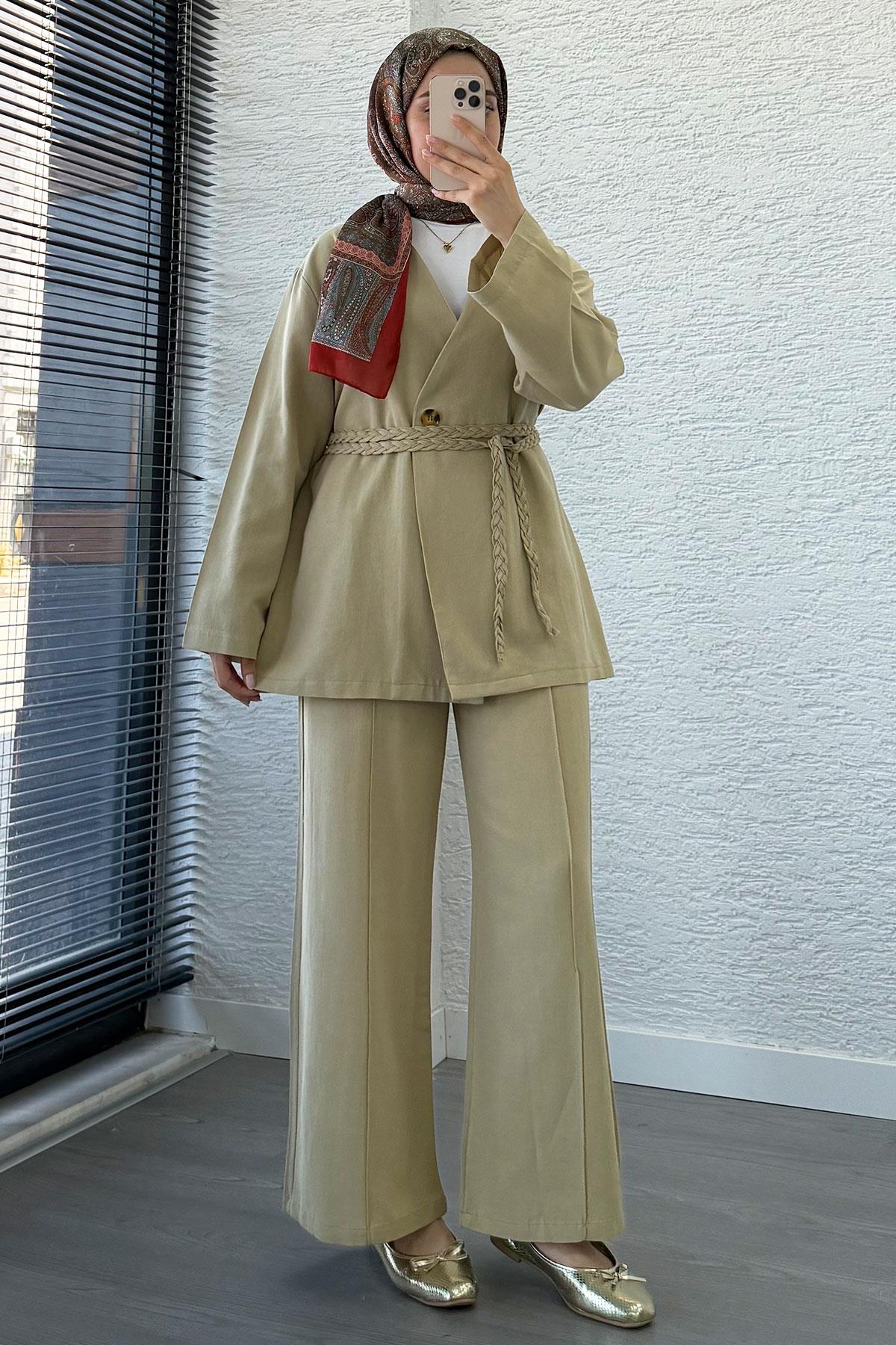 Örgü Kemerli Keten Kimono Takım - Küf Yeşili