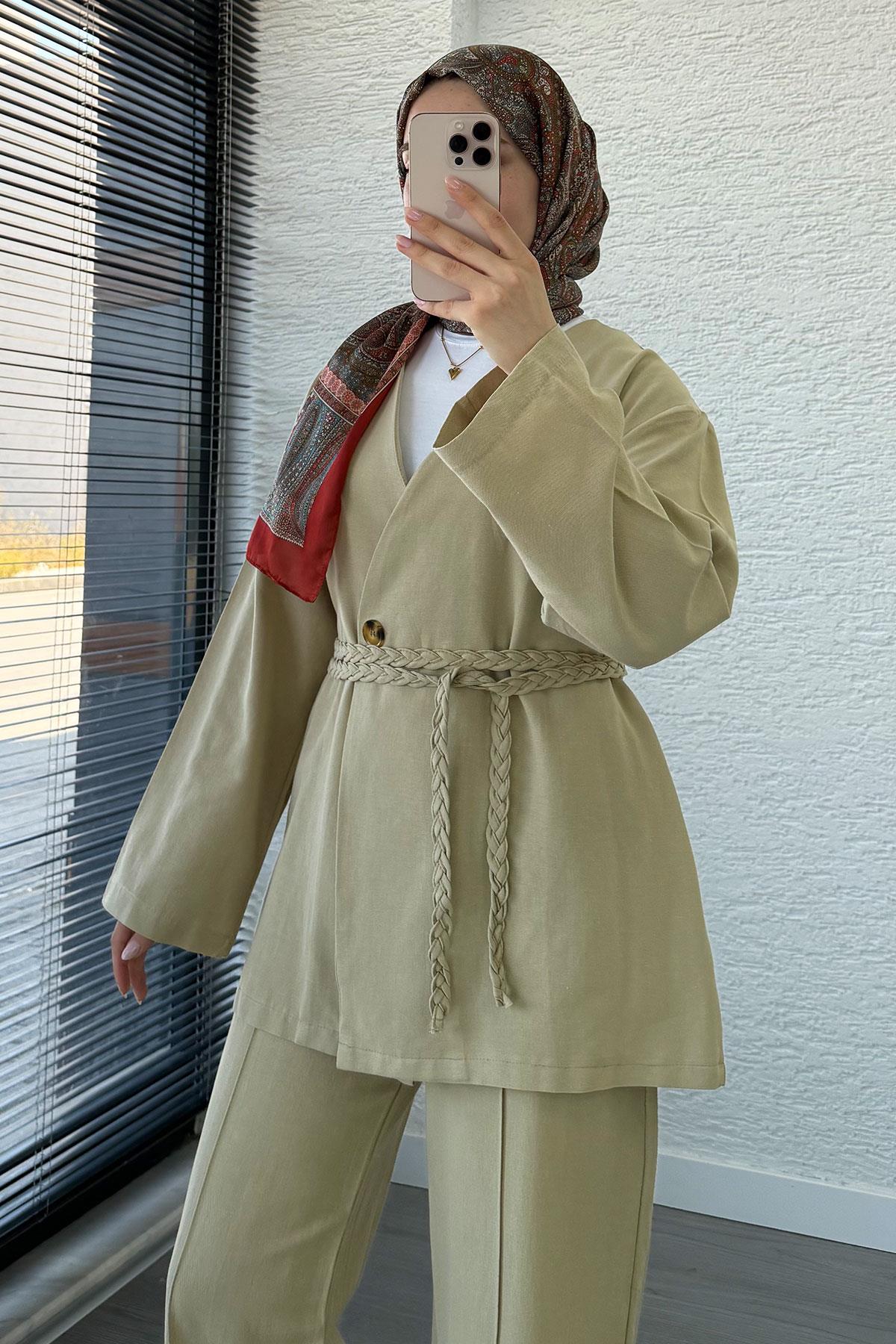 Örgü Kemerli Keten Kimono Takım - Küf Yeşili