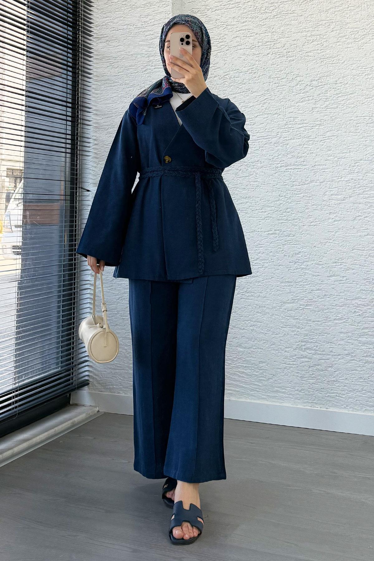 Örgü Kemerli Keten Kimono Takım - Lacivert