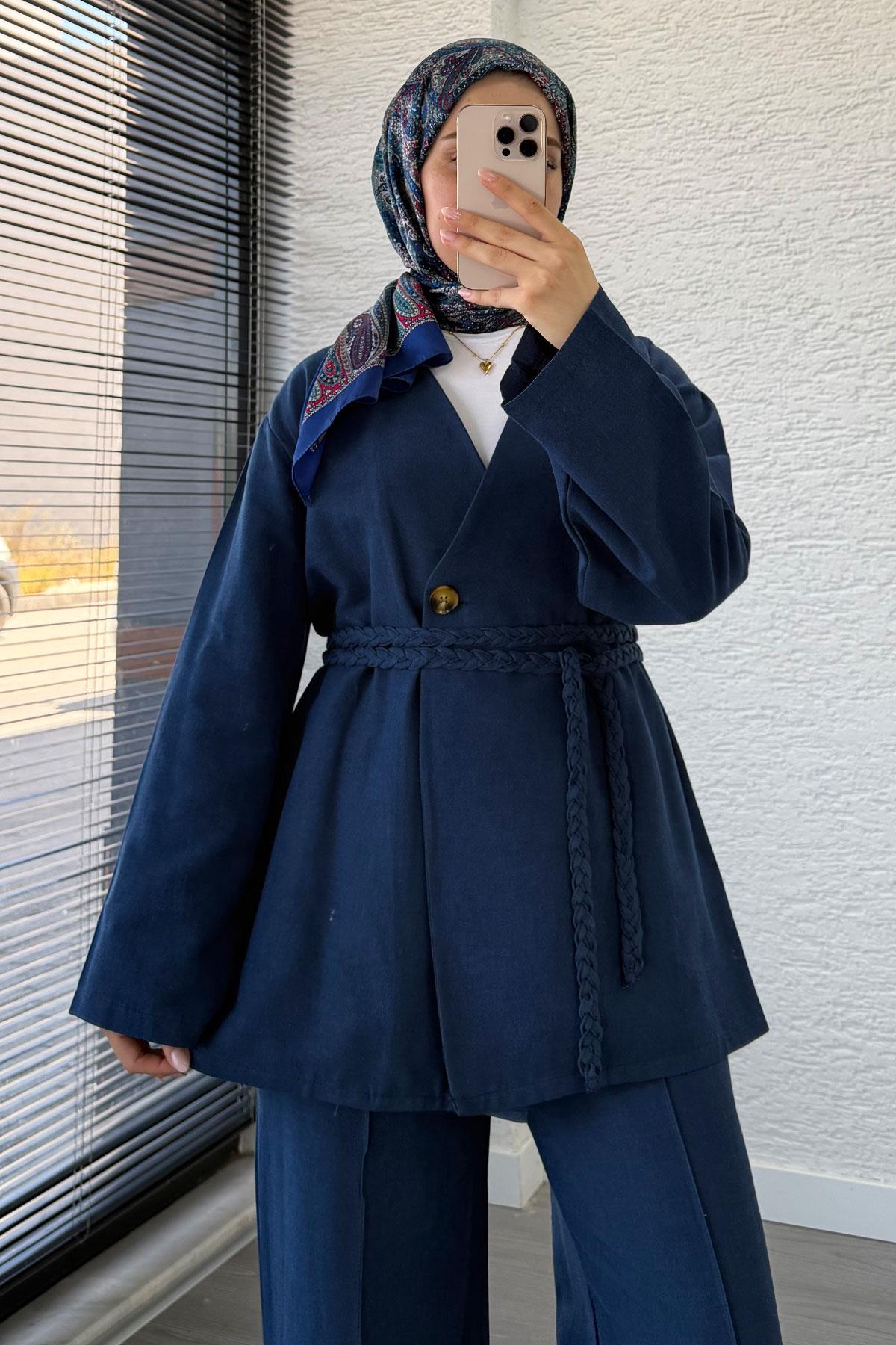 Örgü Kemerli Keten Kimono Takım - Lacivert