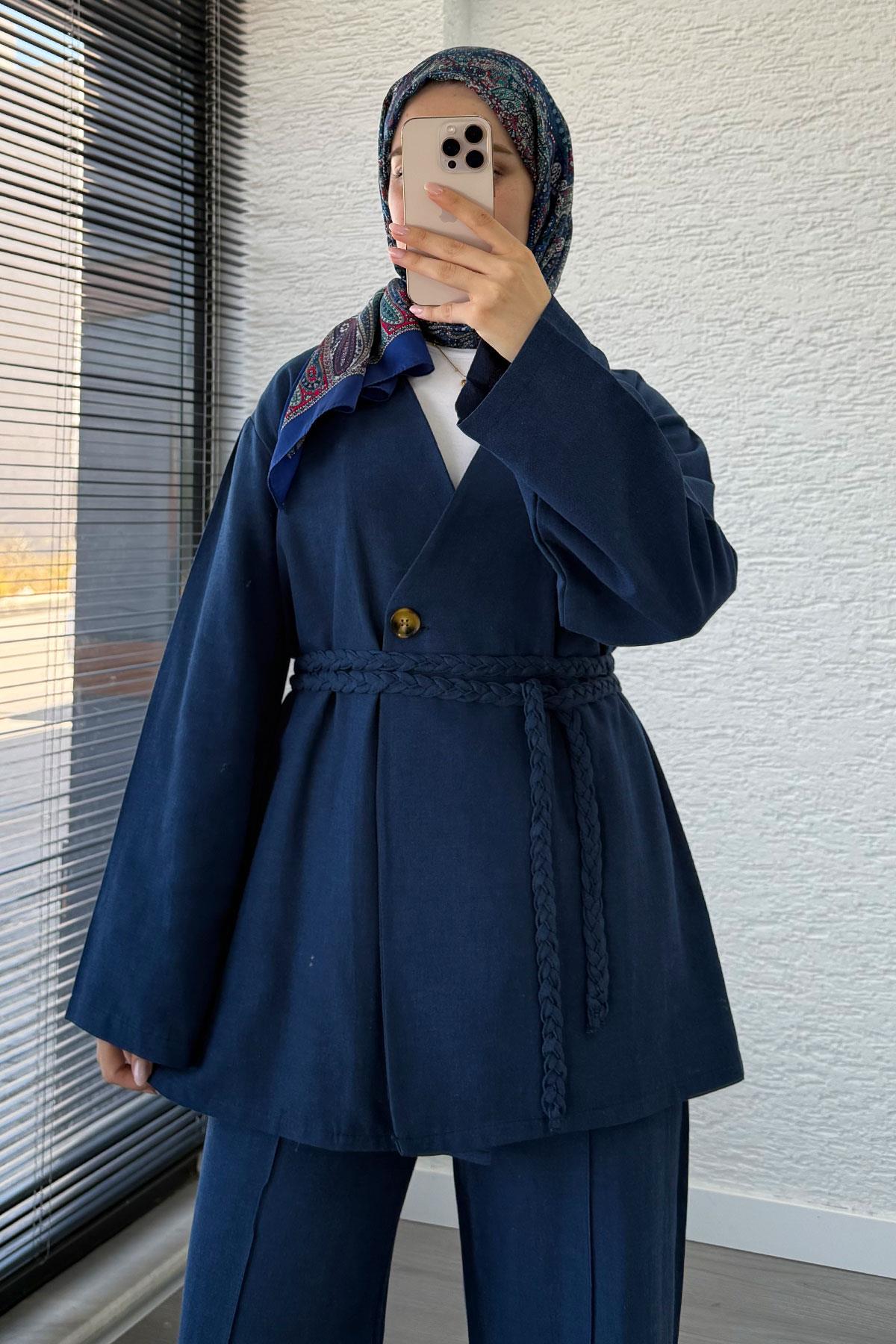 Örgü Kemerli Keten Kimono Takım - Lacivert