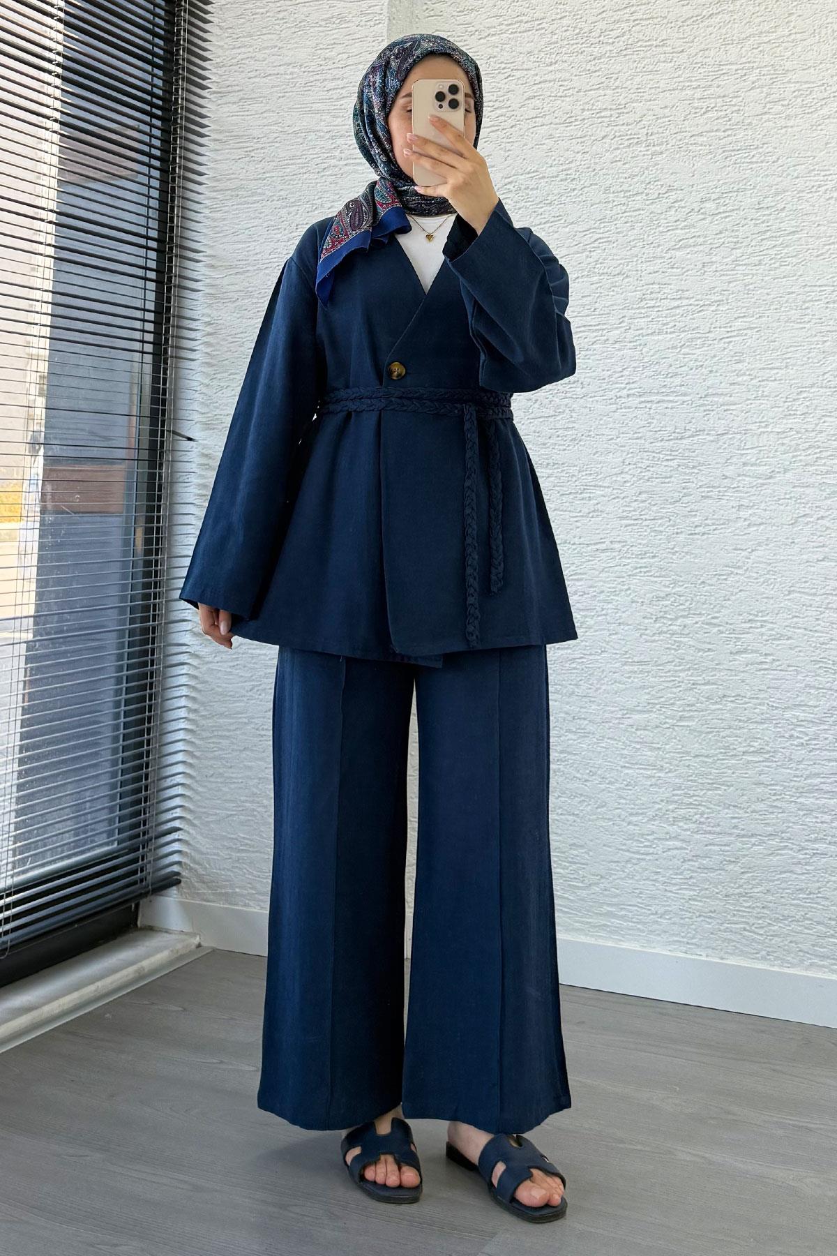 Örgü Kemerli Keten Kimono Takım - Lacivert
