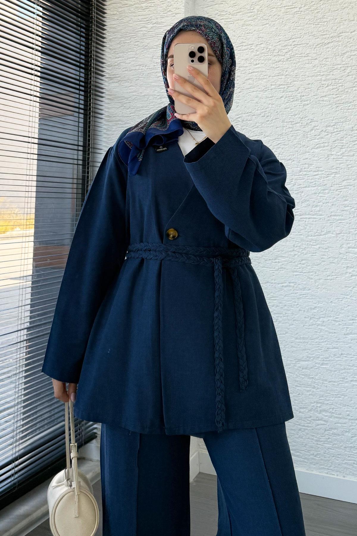 Örgü Kemerli Keten Kimono Takım - Lacivert