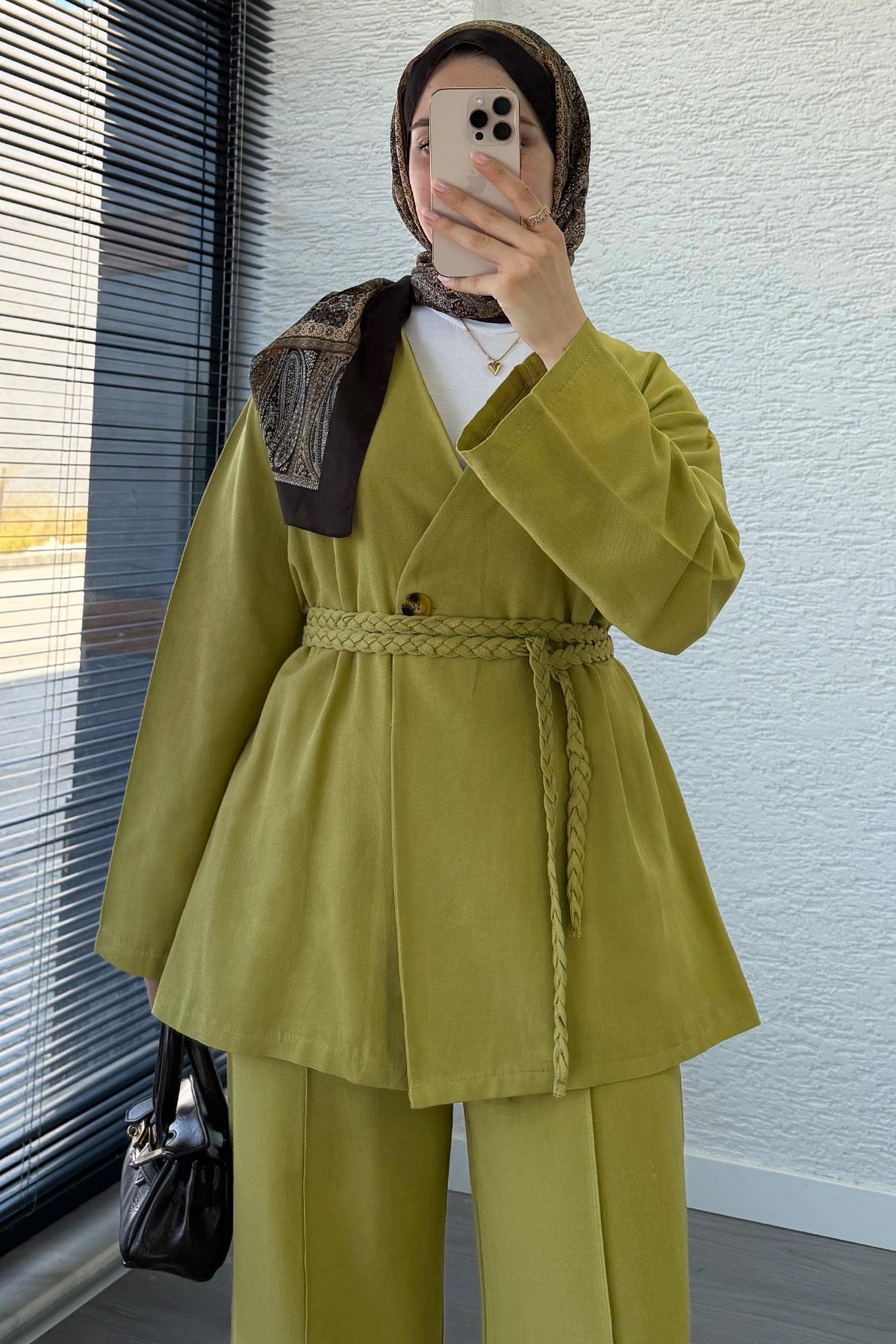 Örgü Kemerli Keten Kimono Takım - Yağ Yeşili