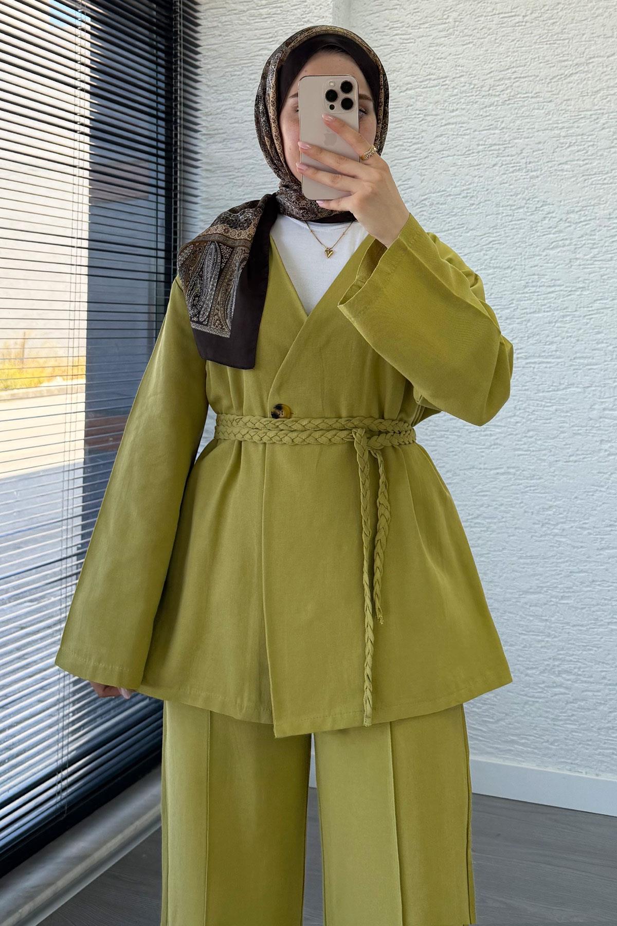 Örgü Kemerli Keten Kimono Takım - Yağ Yeşili